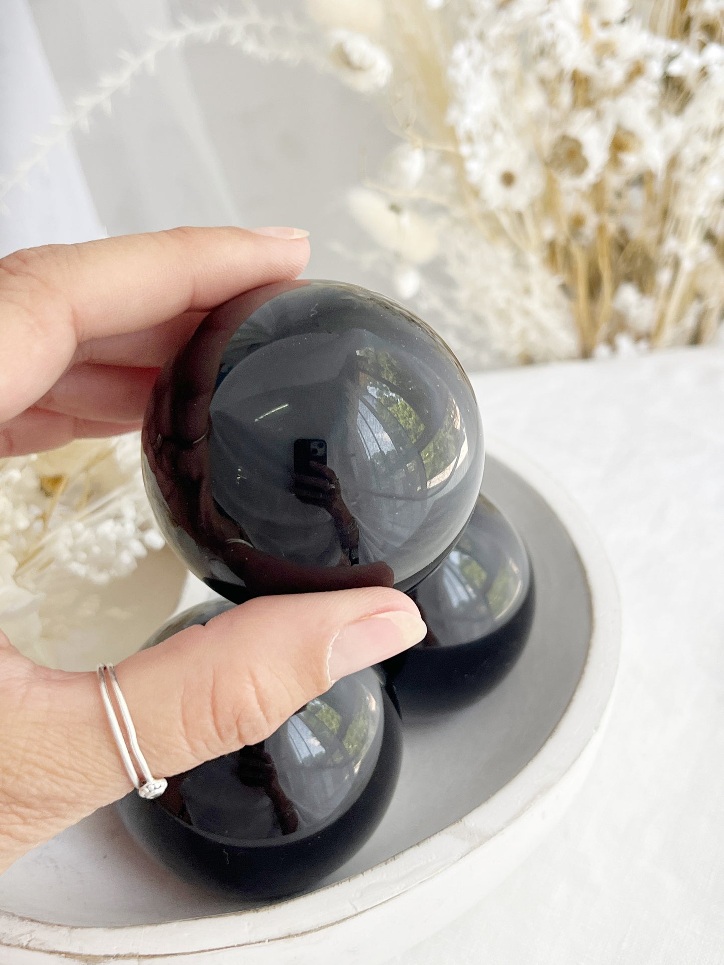BLACK OBSIDIAN SPHERE STONED AND SAGED AUSTRALIA.