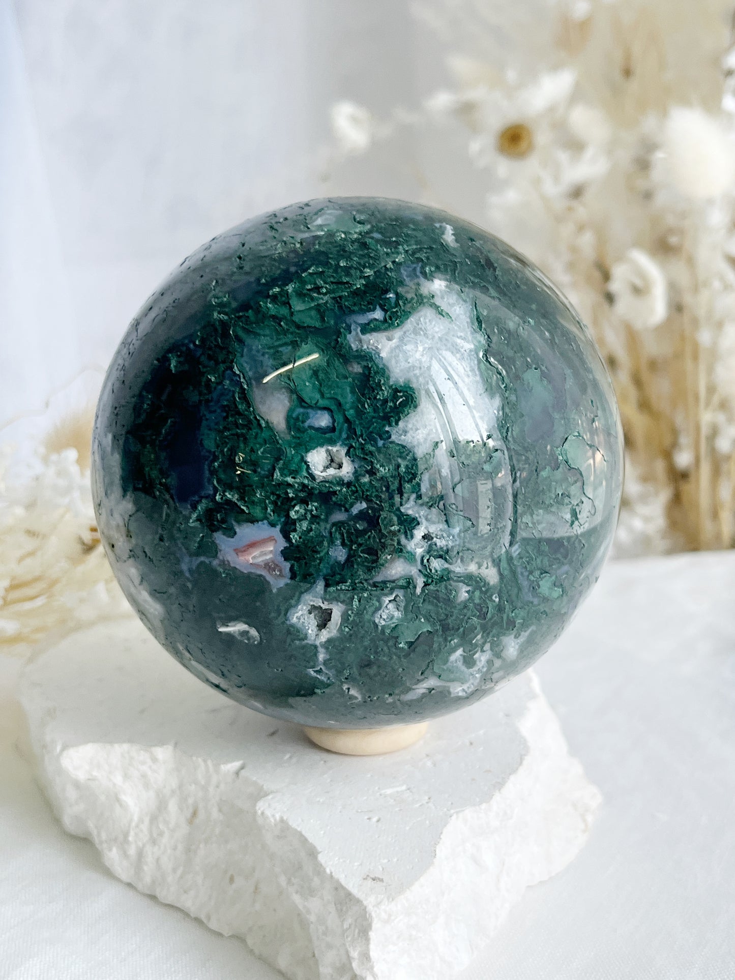 MOSS AGATE SPHERE APPROX 9CM. STONED AND SAGED AUSTRALIA