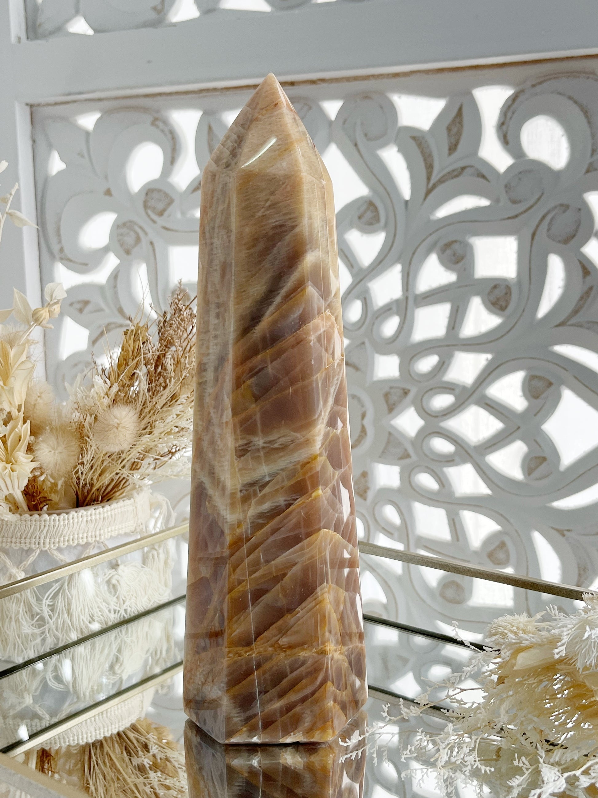 Peach Moonstone tower generator point Australia, Stoned and Saged crystal shop