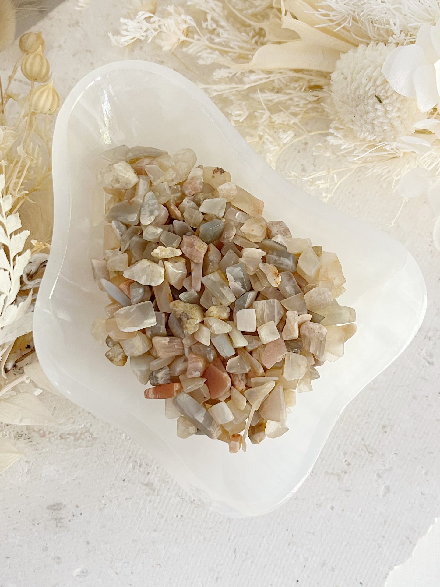 PEACH MOONSTONE CHIPS, 100G, STONED AND SAGED AUSTRALIA