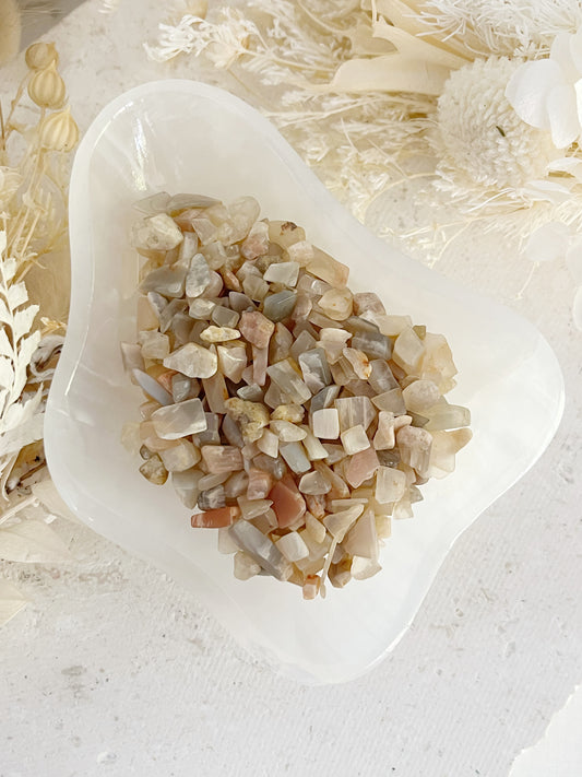 PEACH MOONSTONE CHIPS, 100G, STONED AND SAGED AUSTRALIA