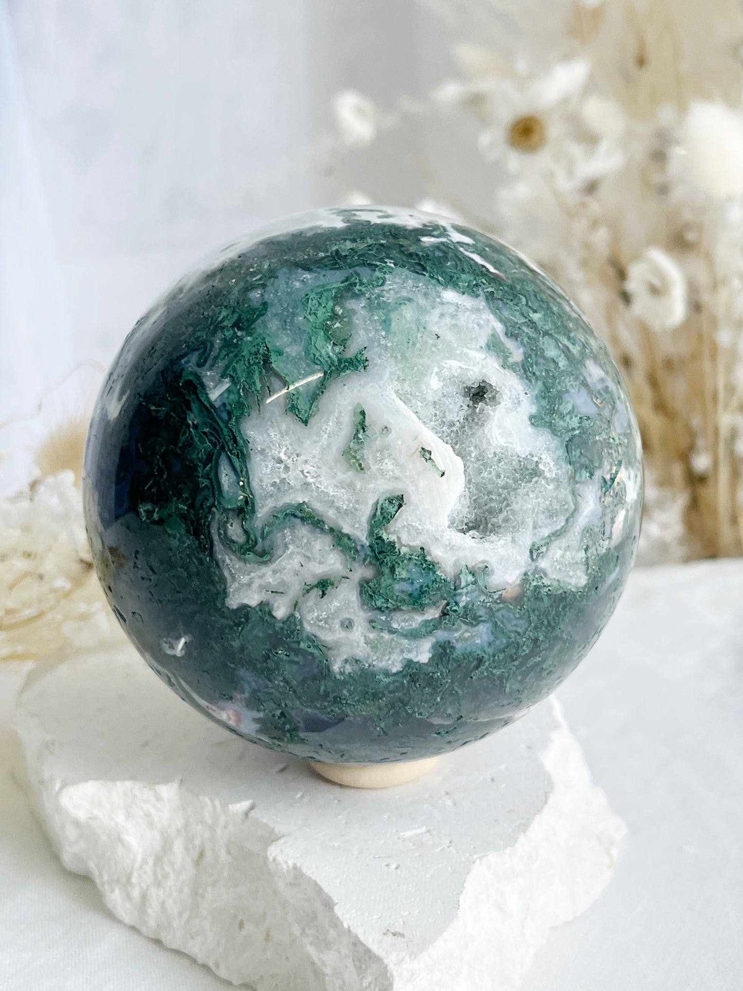 MOSS AGATE SPHERE APPROX 9CM. STONED AND SAGED AUSTRALIA