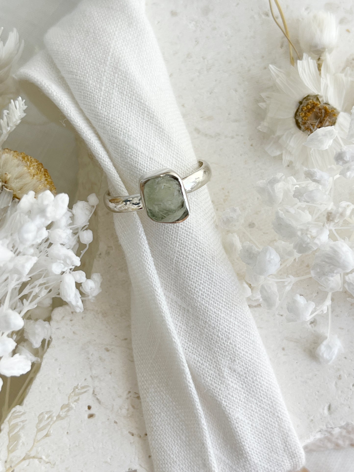 MOLDAVITE RING SIZE 8. STERLING SILVER. STONED AND SAGED AUSTRALIA.