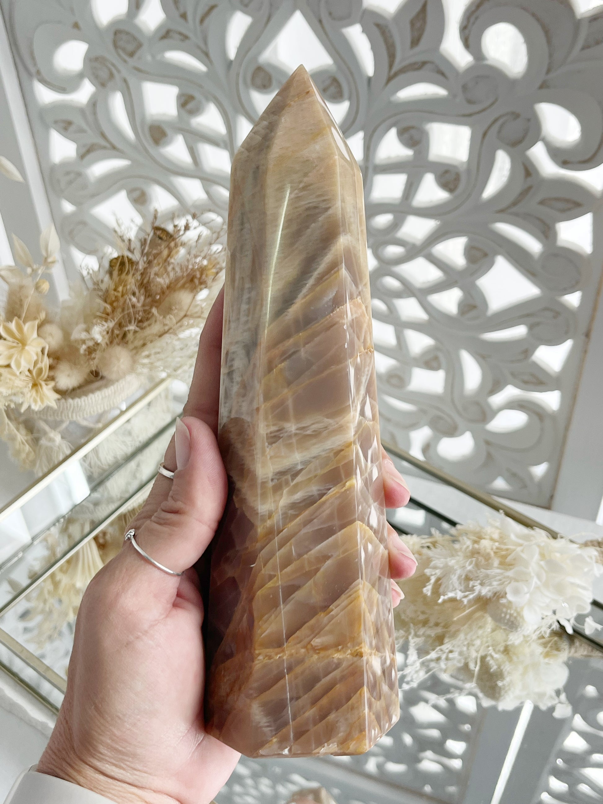 Peach Moonstone tower generator point Australia, Stoned and Saged crystal shop