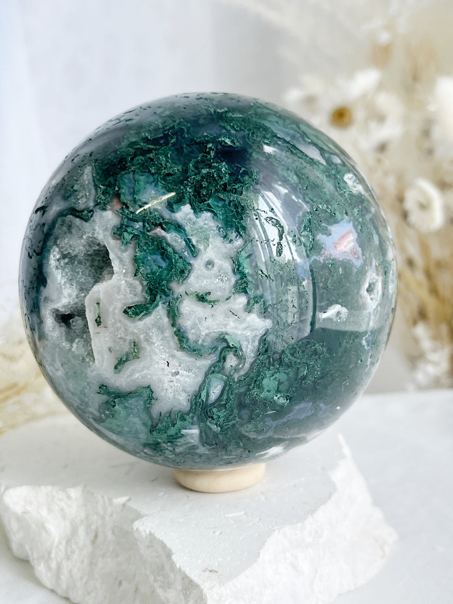 MOSS AGATE SPHERE APPROX 9CM. STONED AND SAGED AUSTRALIA