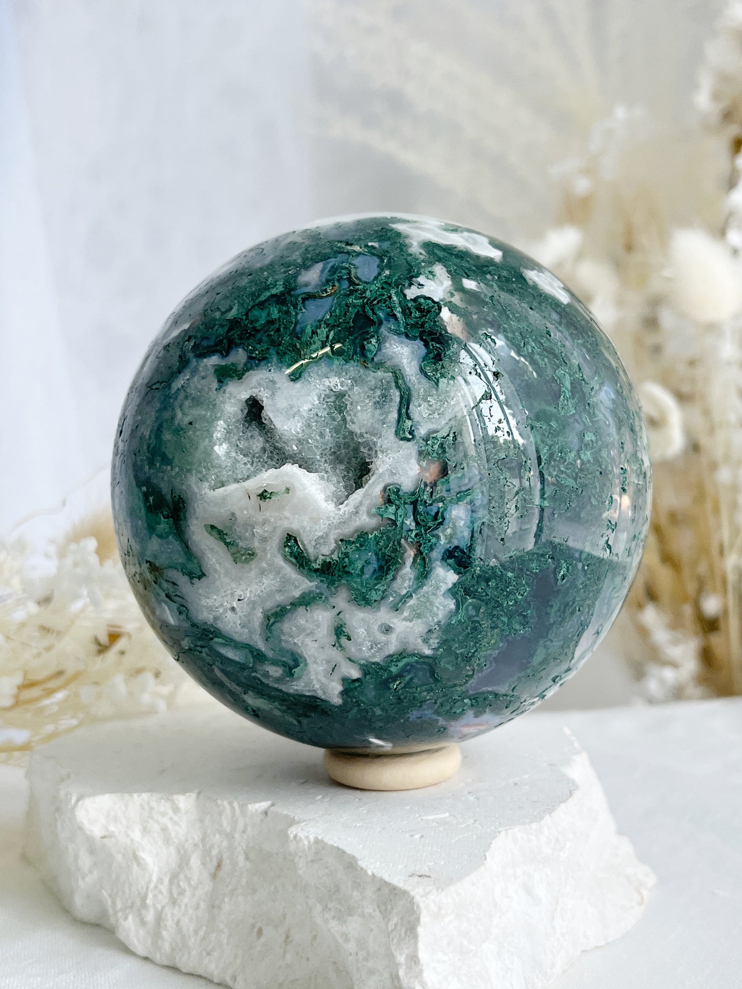 MOSS AGATE SPHERE APPROX 9CM. STONED AND SAGED AUSTRALIA
