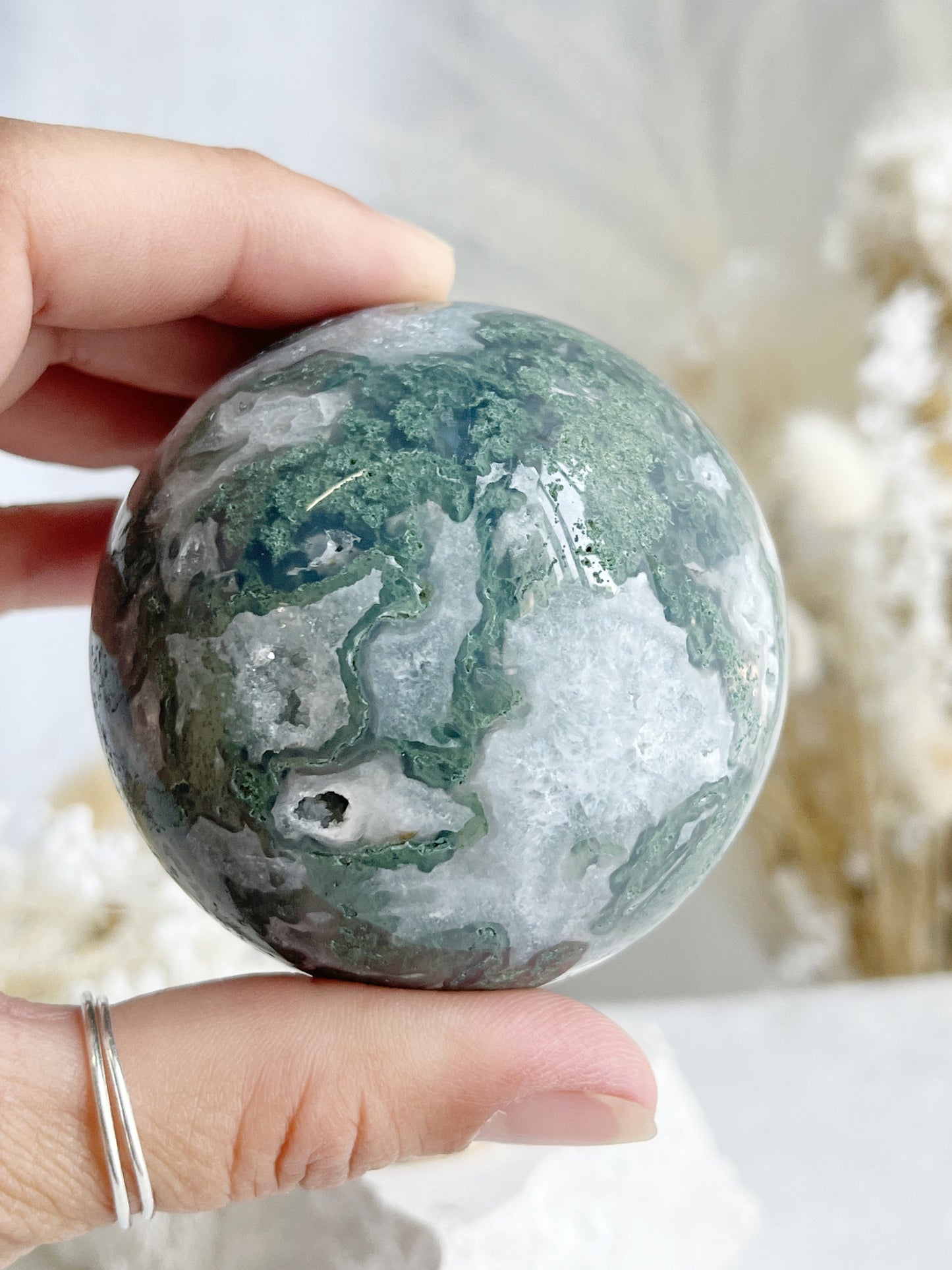 MOSS AGATE SPHERE APPROX 6.4CM. STONED AND SAGED AUSTRALIA.