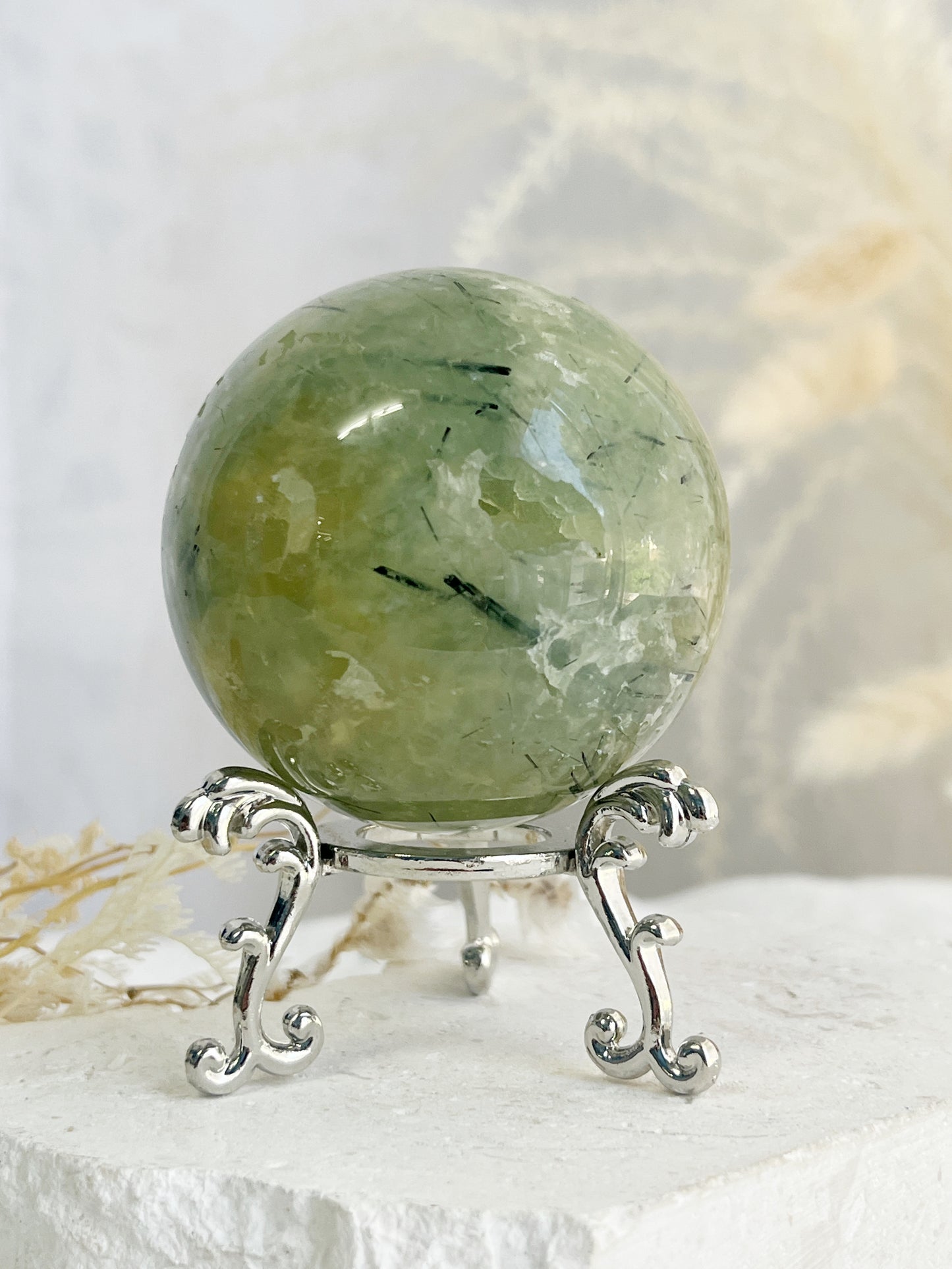 PREHNITE WITH TOURMALINE CRYSTAL SPHERE EMERALD QLD AUSTRALIA