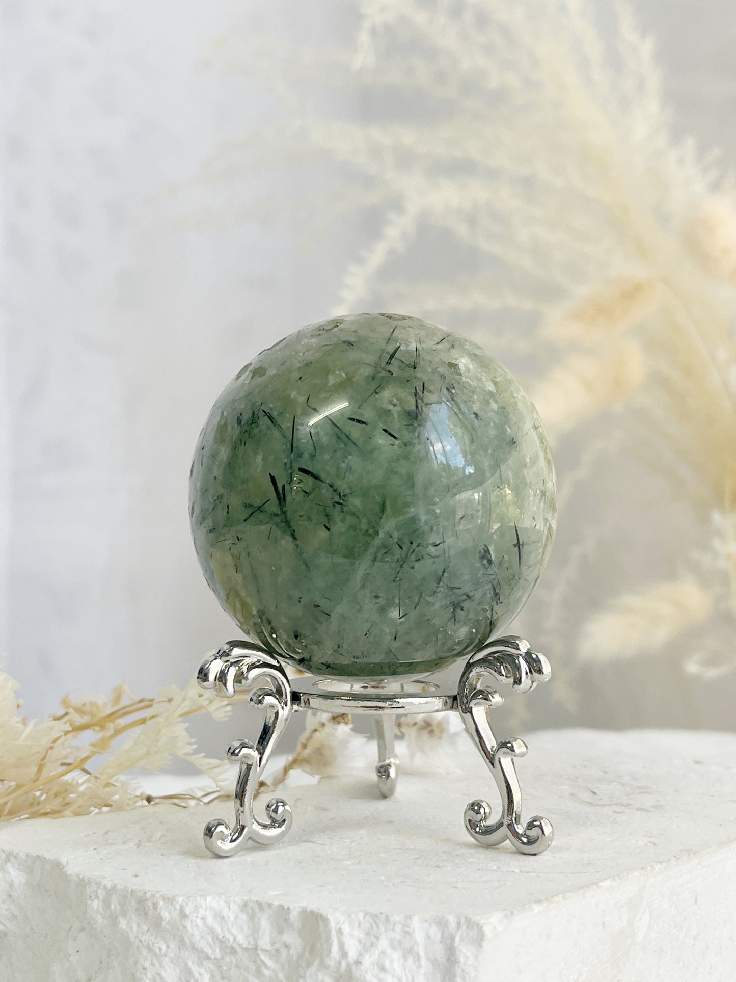 PREHNITE WITH TOURMALINE CRYSTAL SPHERE EMERALD QLD AUSTRALIA
