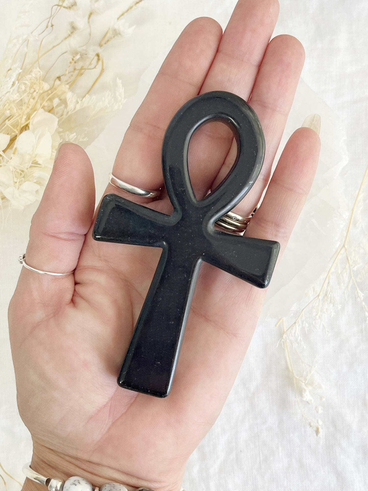 obsidian ankh carving, stoned and saged crystal shop Australia