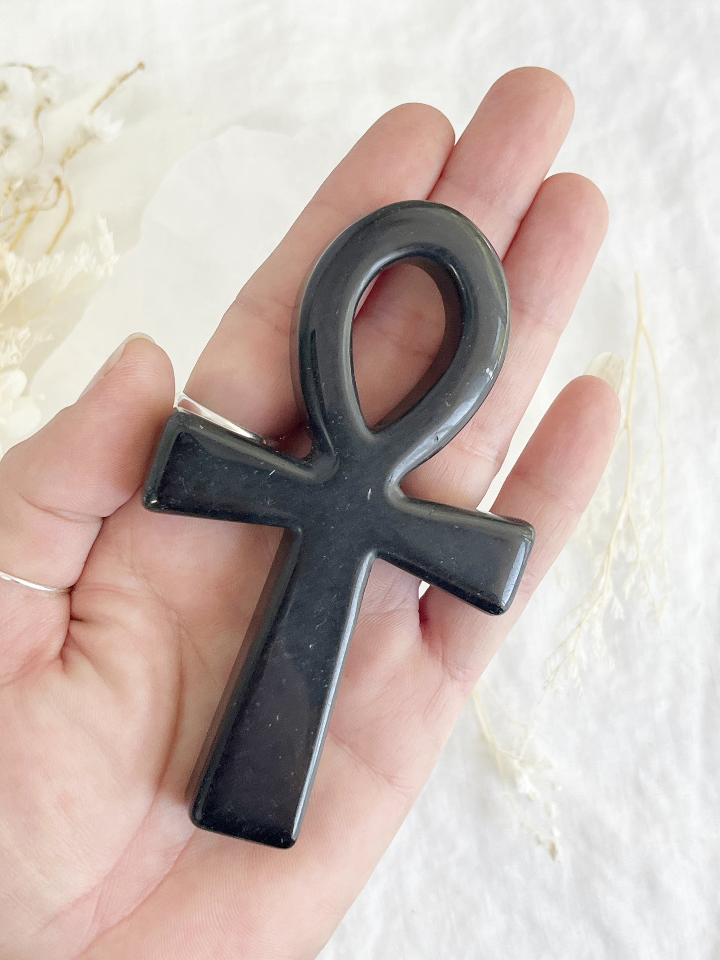 obsidian ankh carving, stoned and saged crystal shop Australia