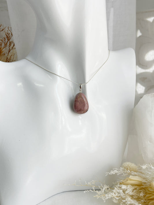 RHODONITE TUMBLE NECKLACE, SILVER STERLING, STONED AND SAGED AUSTRALIA