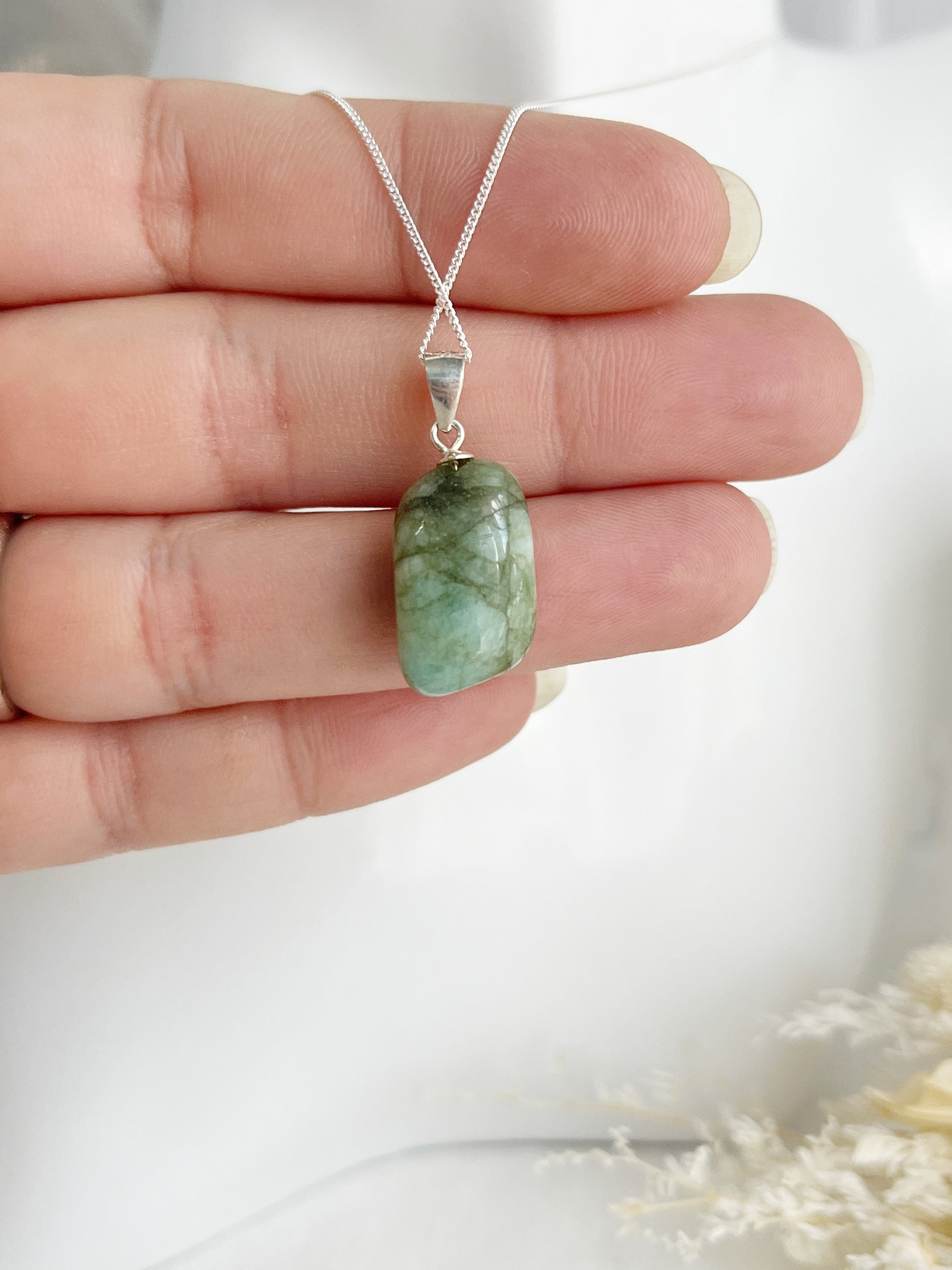 EMERALD TUMBLE NECKLACE, SILVER STERLING, STONED AND SAGED AUSTRALIA