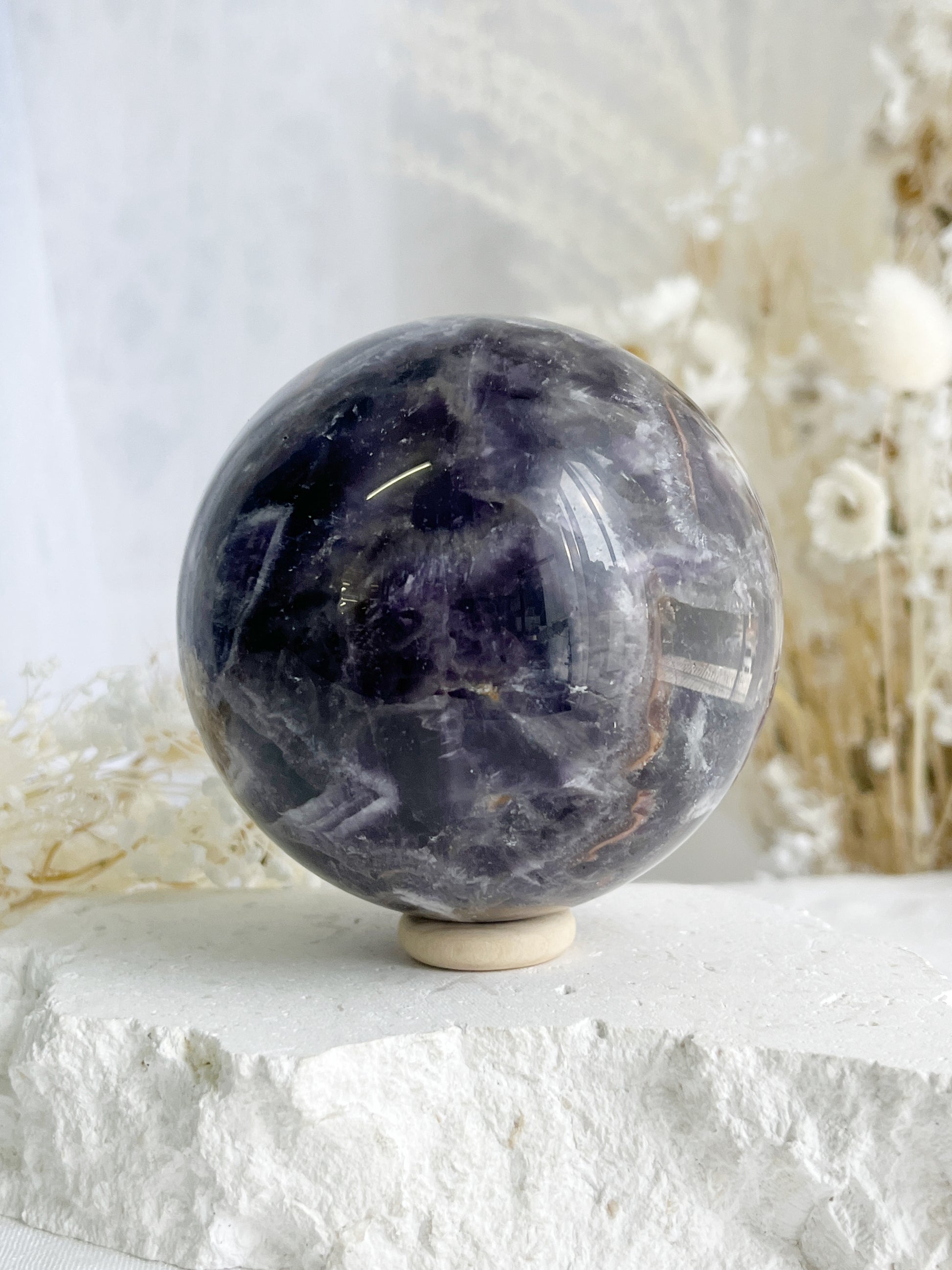 DREAM AMETHYST SPHERE APPROX 7.9CM. STONED AND SAGED AUSTRALIA.