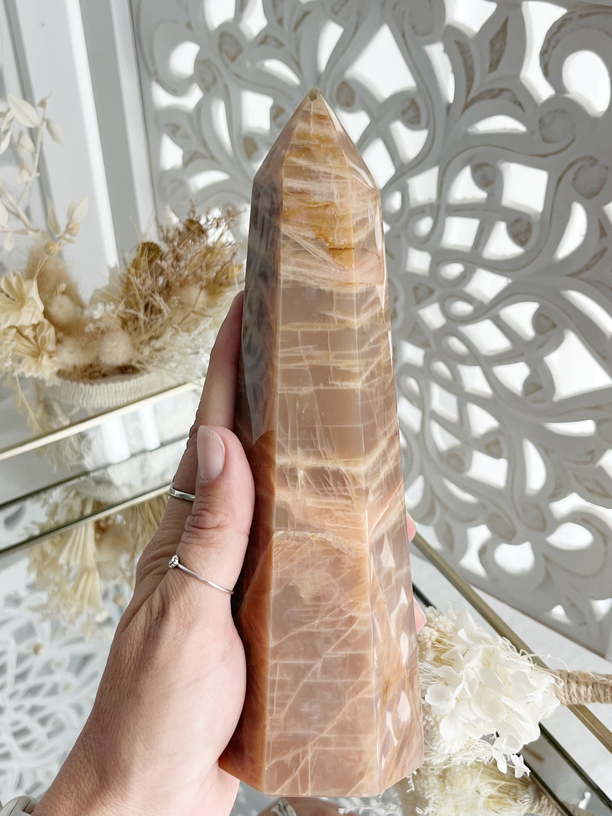 Peach Moonstone tower generator point Australia, Stoned and Saged crystal shop