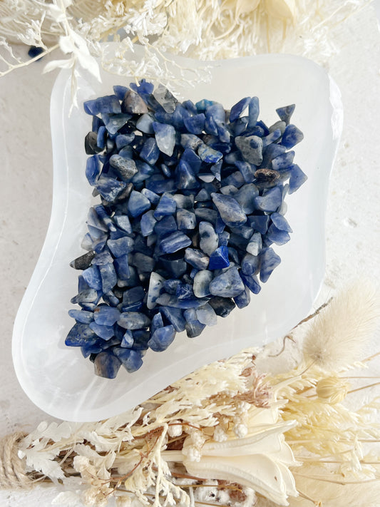 SODALITE CHIPS, 100G, STONED AND SAGED AUSTRALIA