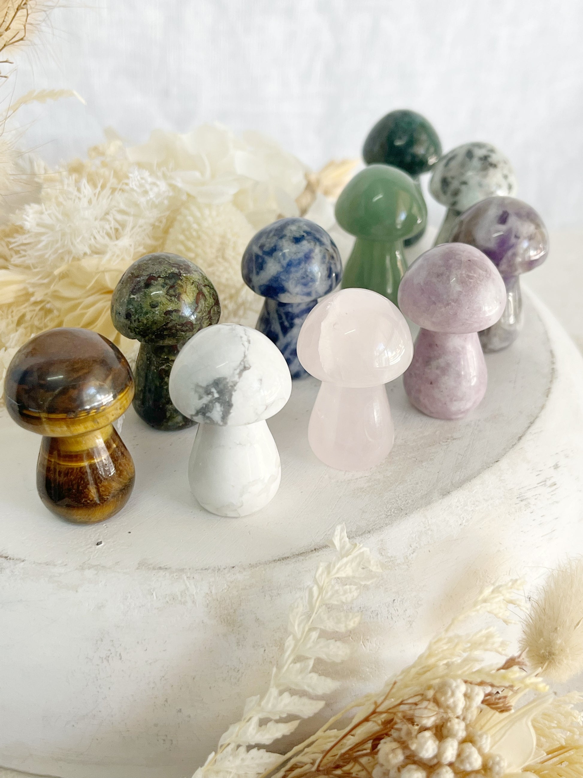 MUSHROOM, STONES: DRAGONS BLOOD, DREAM AMETHYST, GREEN AVENTURINE, HOWLITE, KIWI JASPER, LEPIDOLITE, MOSS AGATE, ROSE QUARTZ, SODALITE, TIGERS EYE, STONED AND SAGED AUSTRALIA