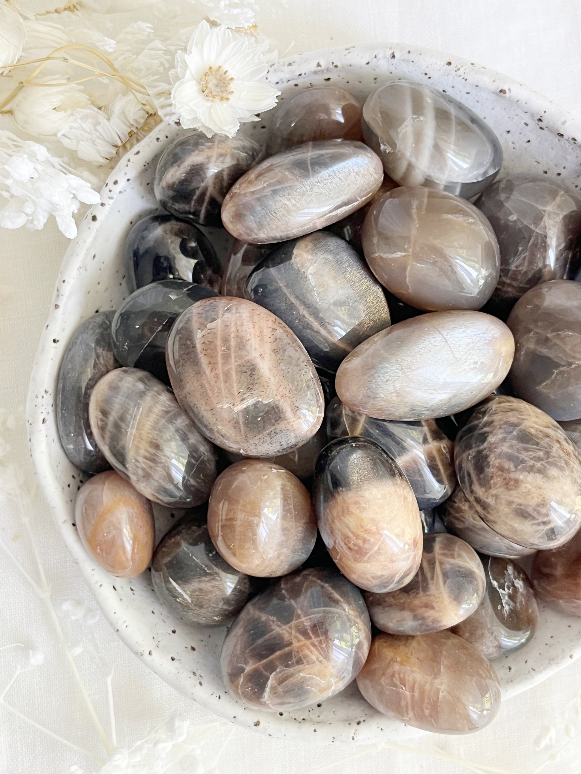 BLACK MOONSTONE TUMBLE. STONED AND SAGED AUSTRALIA.