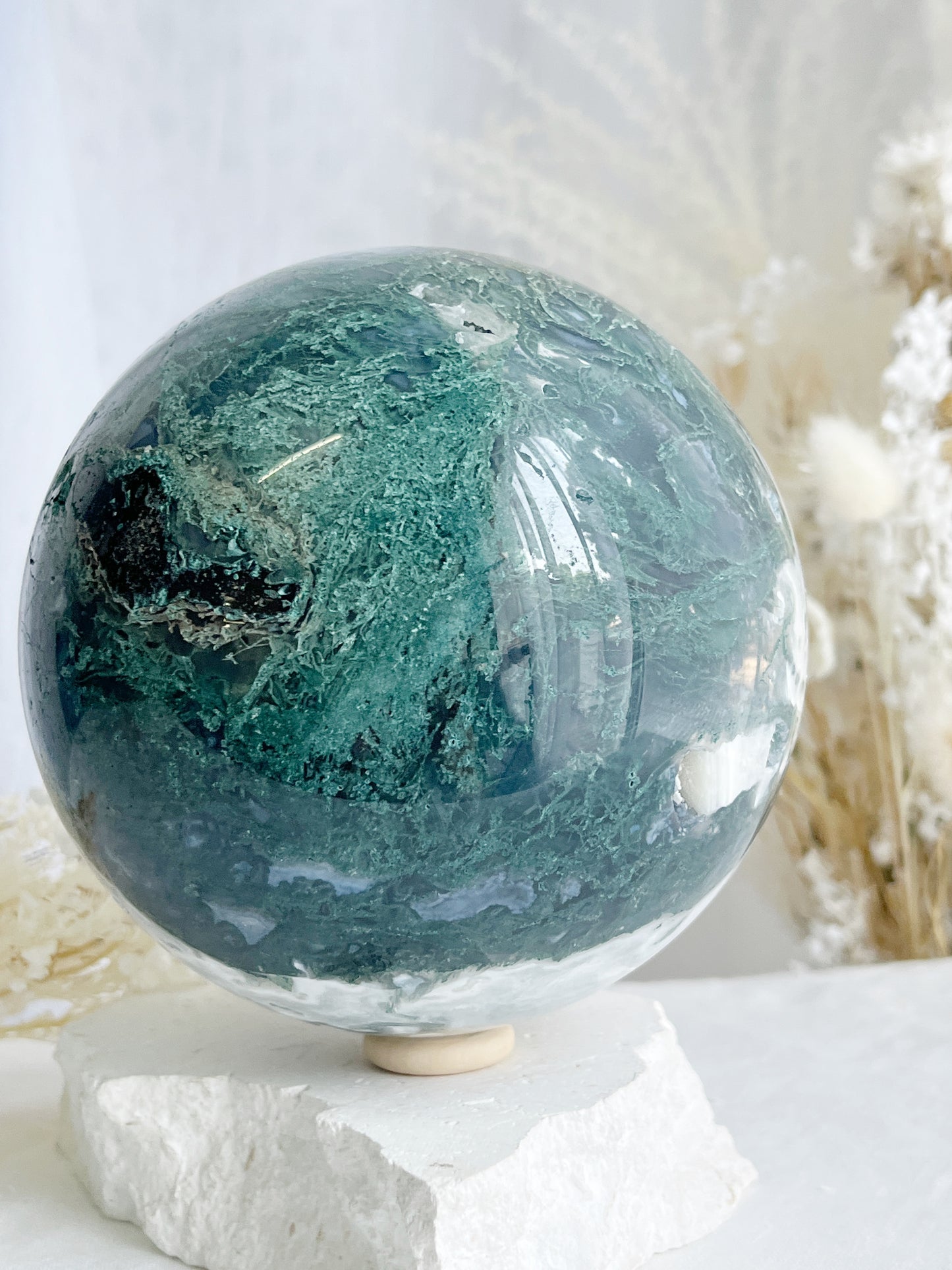 MOSS AGATE SPHERE APPROX 11.5CM. STONED AND SAGED AUSTRALIA