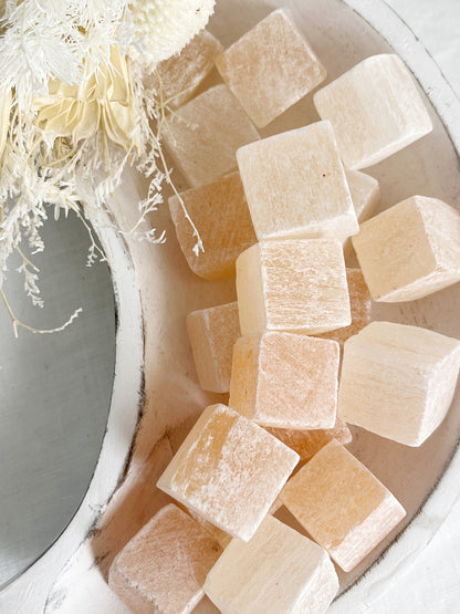 PEACH SELENITE CUBE, INTUITIVLEY CHOSEN. STONED AND SAGED AUSTRALIA
