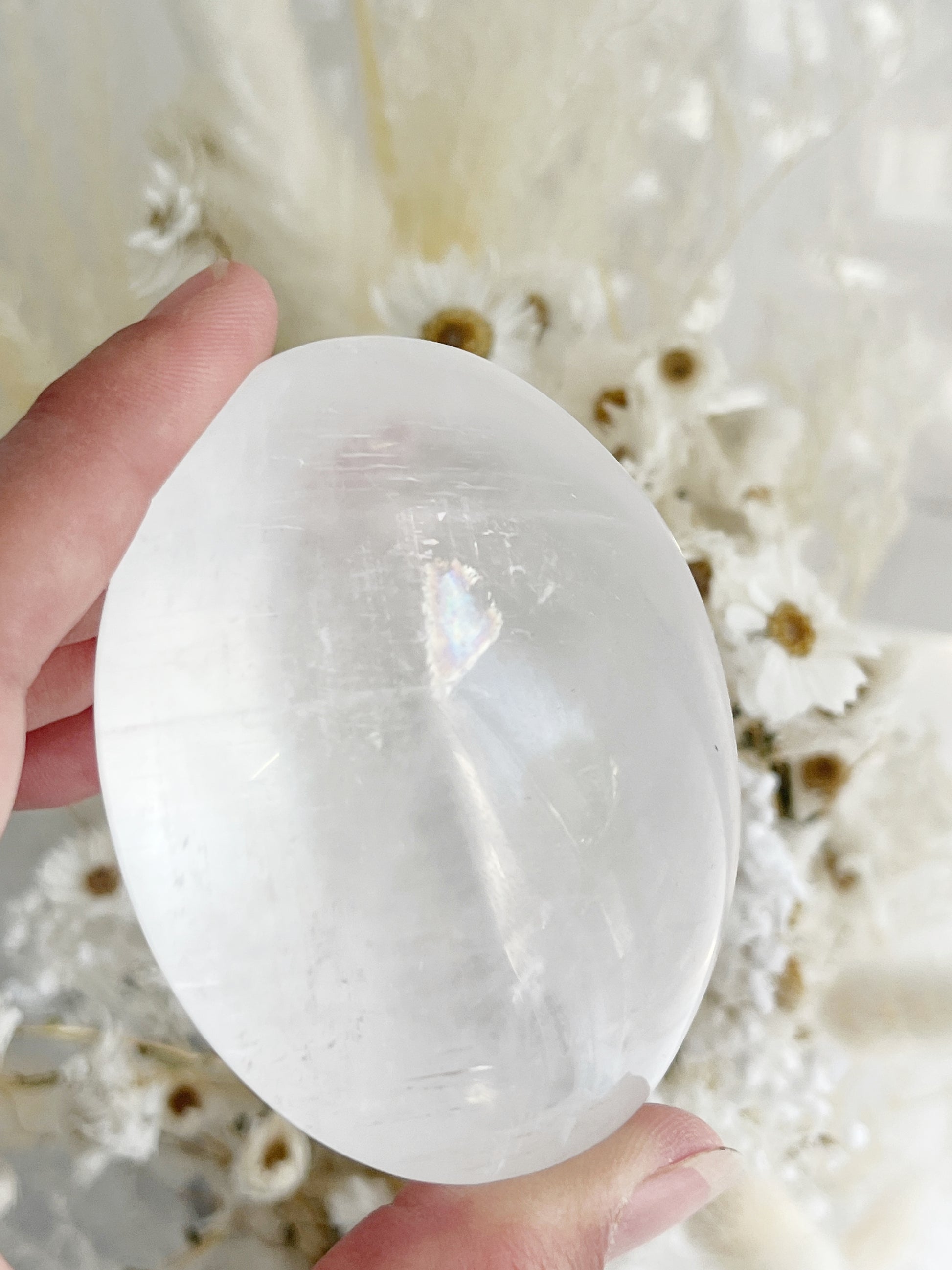 WHITE CALCITE XL PALMSTONE. STONED AND SAGED AUSTRALIA.