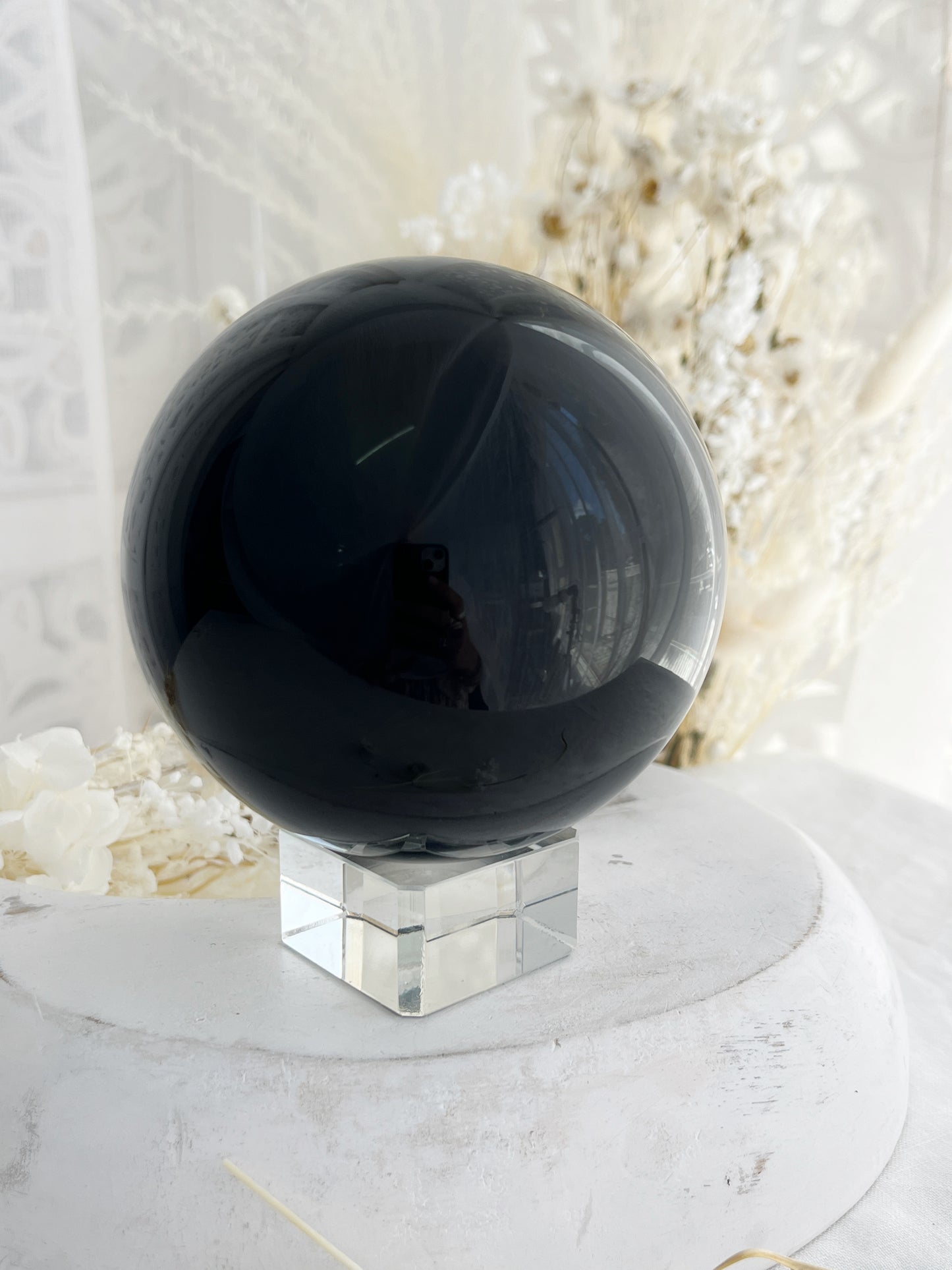 BLACK OBSIDIAN SPHERE, APPROX 9.5CM . STONED AND SAGED AUSTRALIA.