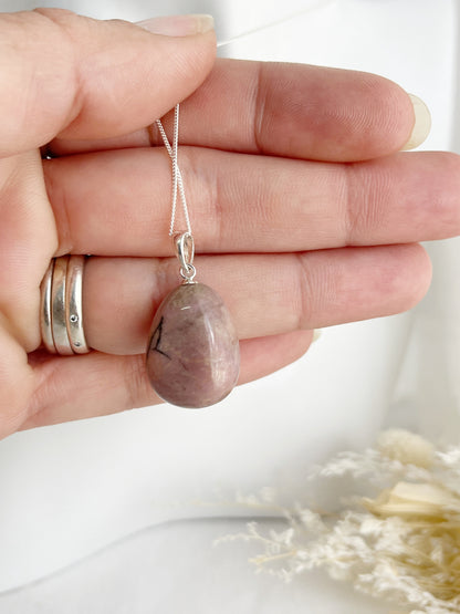 RHODONITE TUMBLE NECKLACE, SILVER STERLING, STONED AND SAGED AUSTRALIA