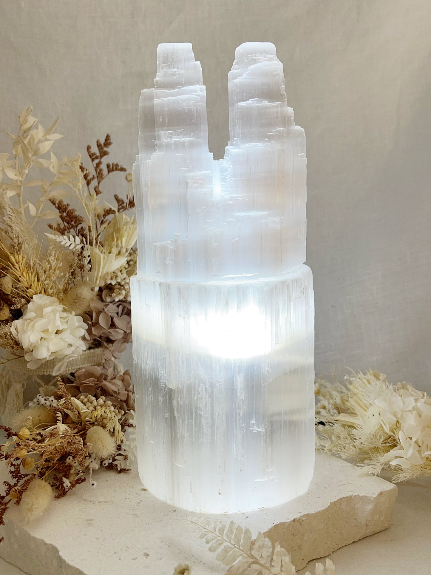 TWIN TOWER SELENITE LAMP | SMALL INTUITIVELY CHOSEN