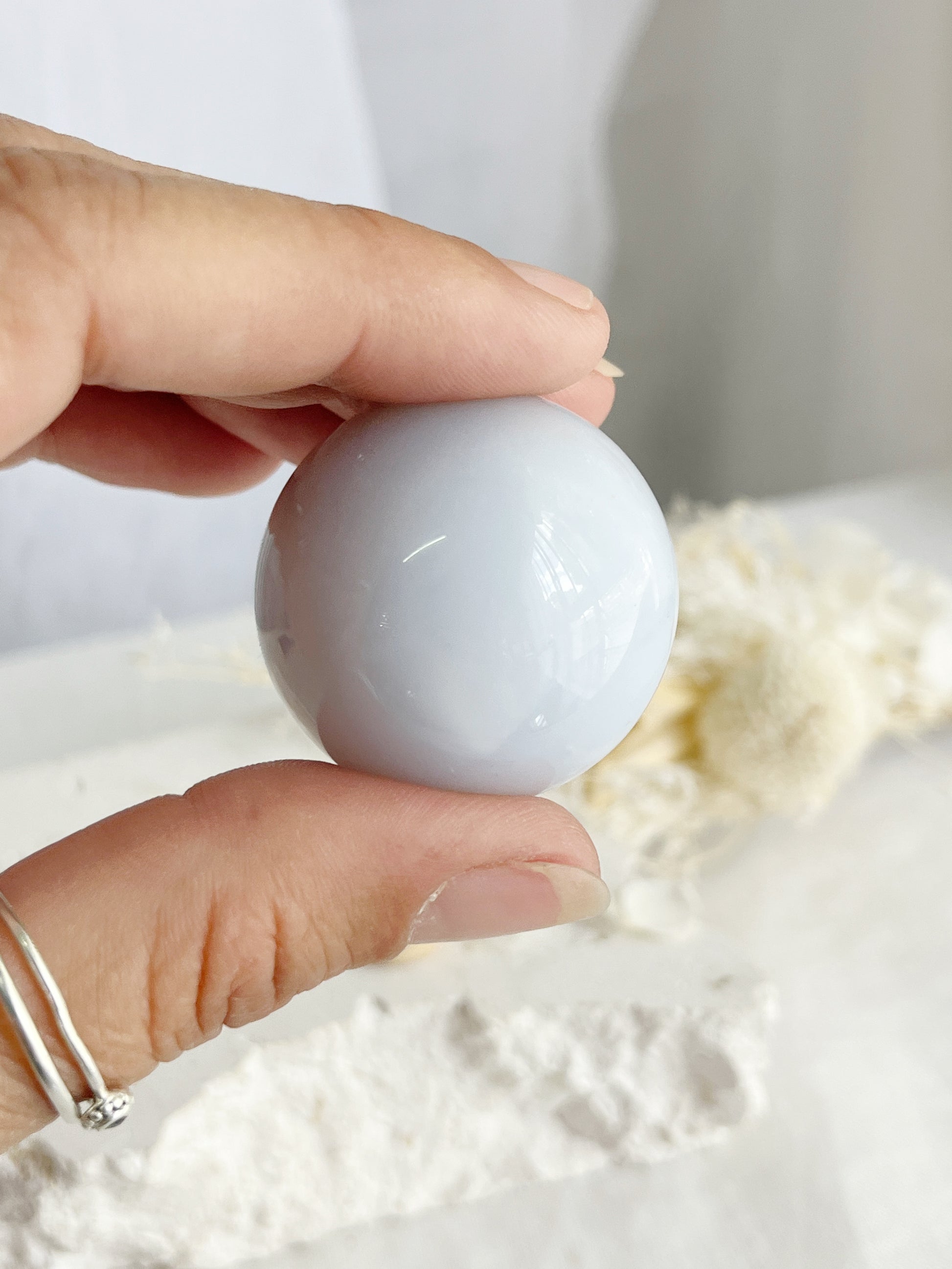 BLUE CHALCEDONY SPHERE, STONED AND SAGED AUSTRALIA