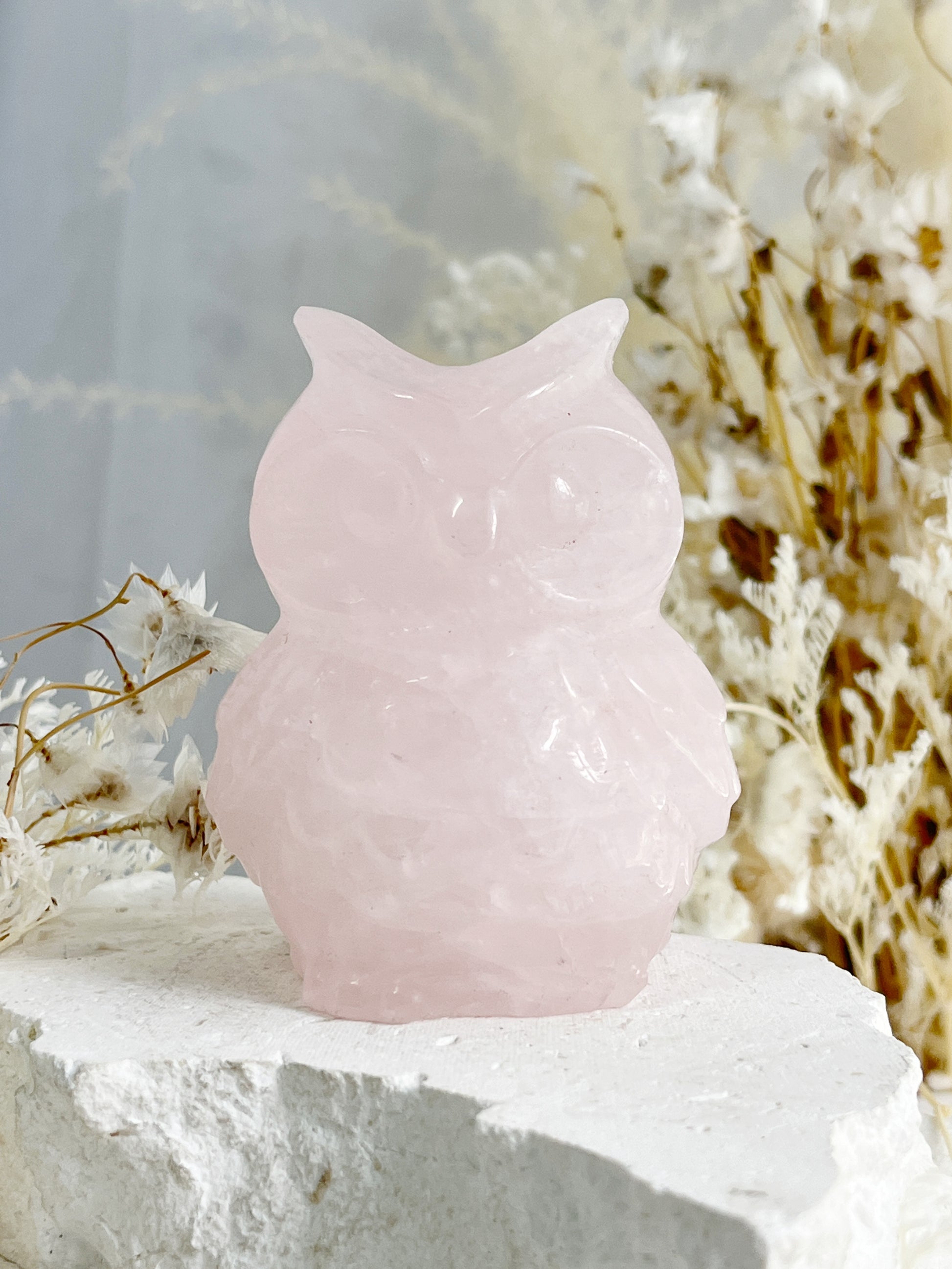 ROSE QUARTZ CRYSTAL  OWL BIRD CARVING AUSTRALIA SELF LOVE LOVE COMPASSION STONED AND SAGED 