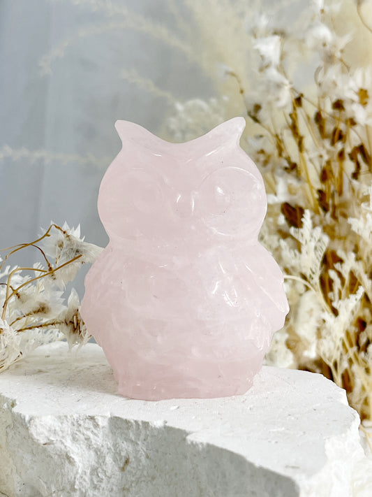 ROSE QUARTZ CRYSTAL  OWL BIRD CARVING AUSTRALIA SELF LOVE LOVE COMPASSION STONED AND SAGED 