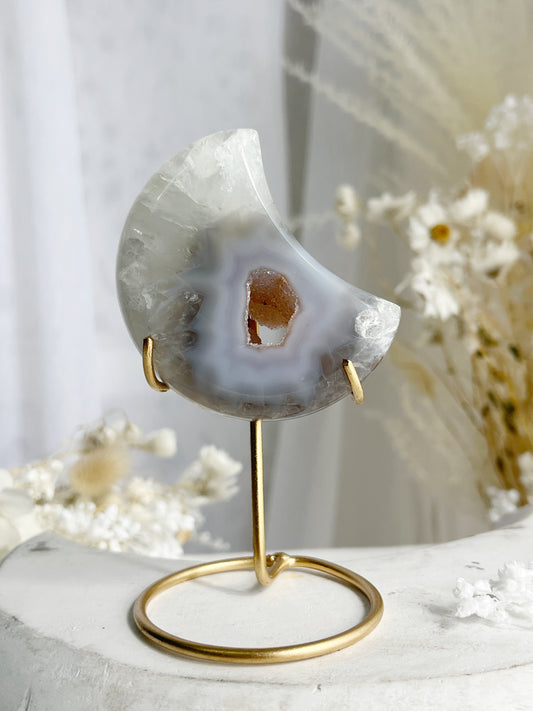 DRUZE AGATE MOON ON GOLD STAND. STONED AND SAGED AUSTRALIA.