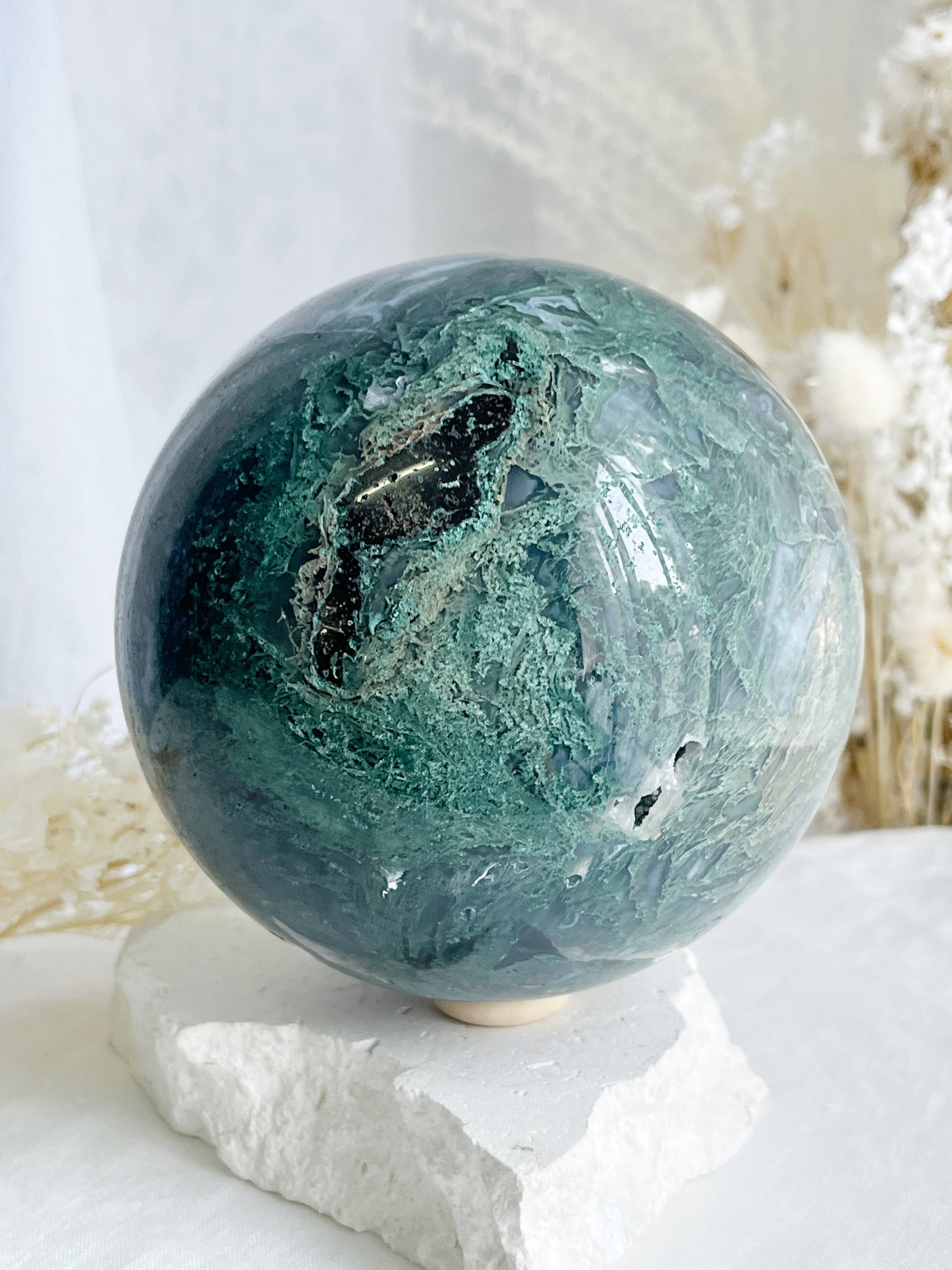 MOSS AGATE SPHERE APPROX 11.5CM. STONED AND SAGED AUSTRALIA