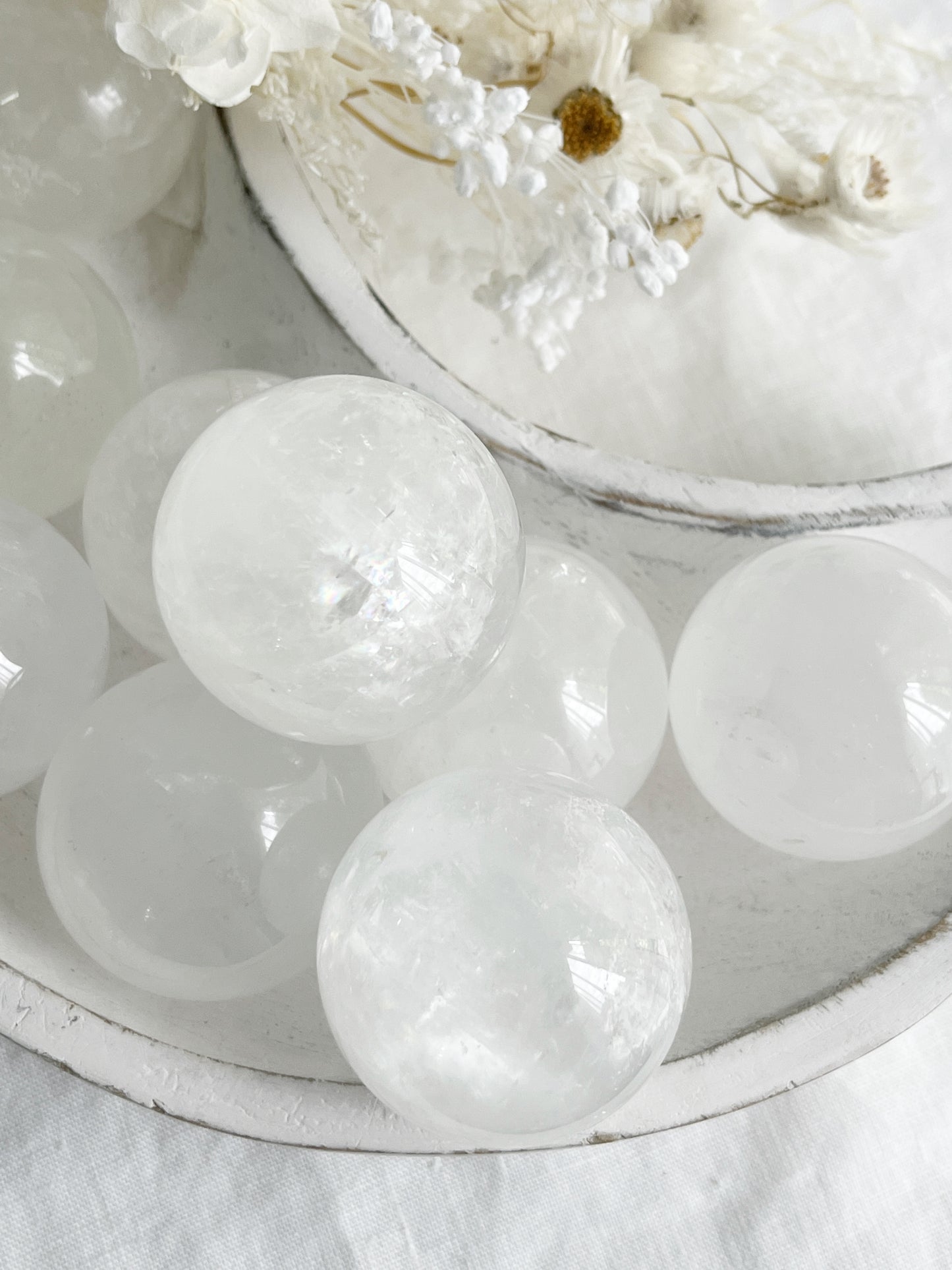 WHITE CALCITE SPHERE. STONED AND SAGED AUSTRALIA.