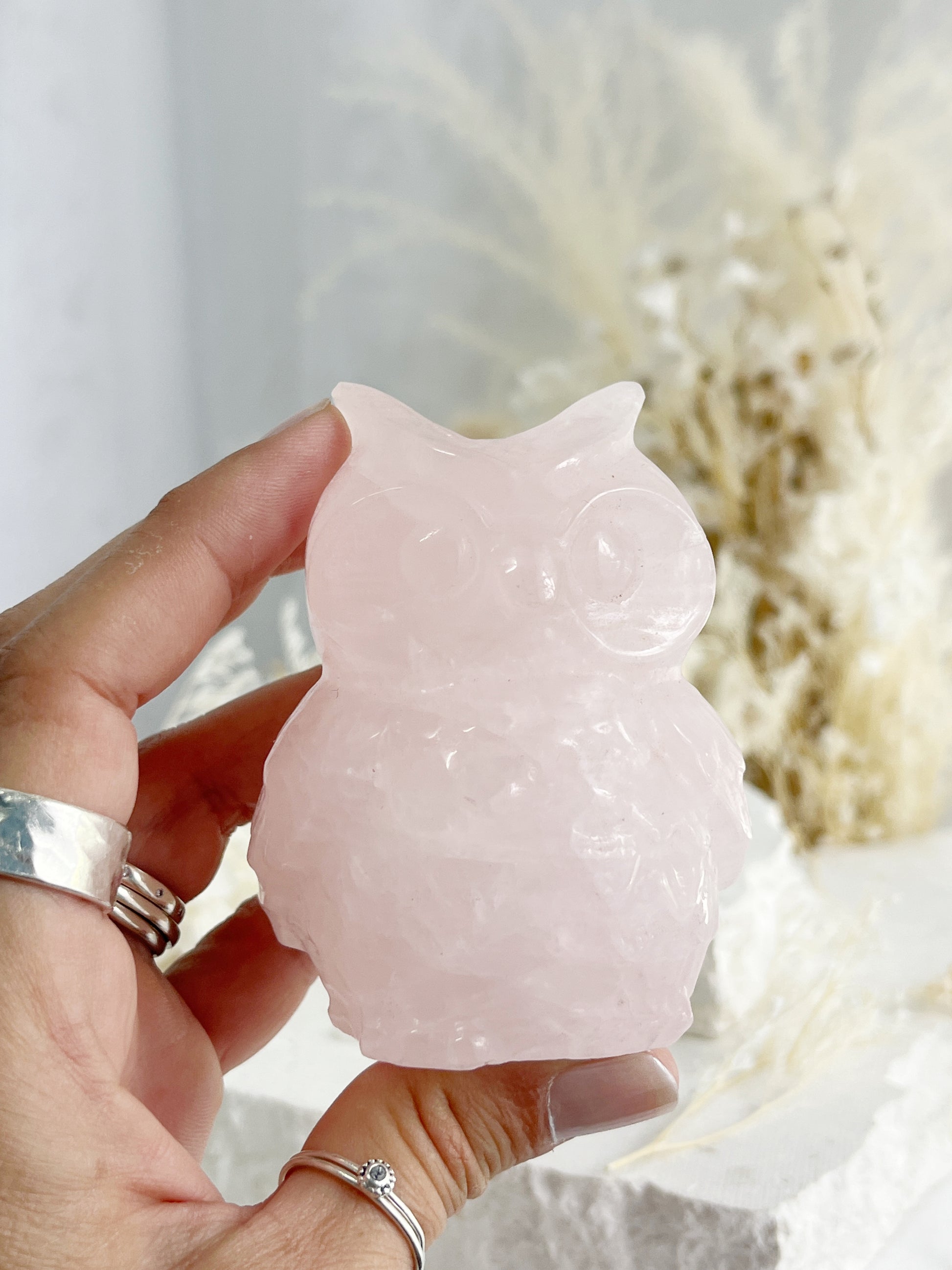 ROSE QUARTZ CRYSTAL BIRD CARVING OWL AUSTRALIA SELF LOVE LOVE COMPASSION STONED AND SAGED 