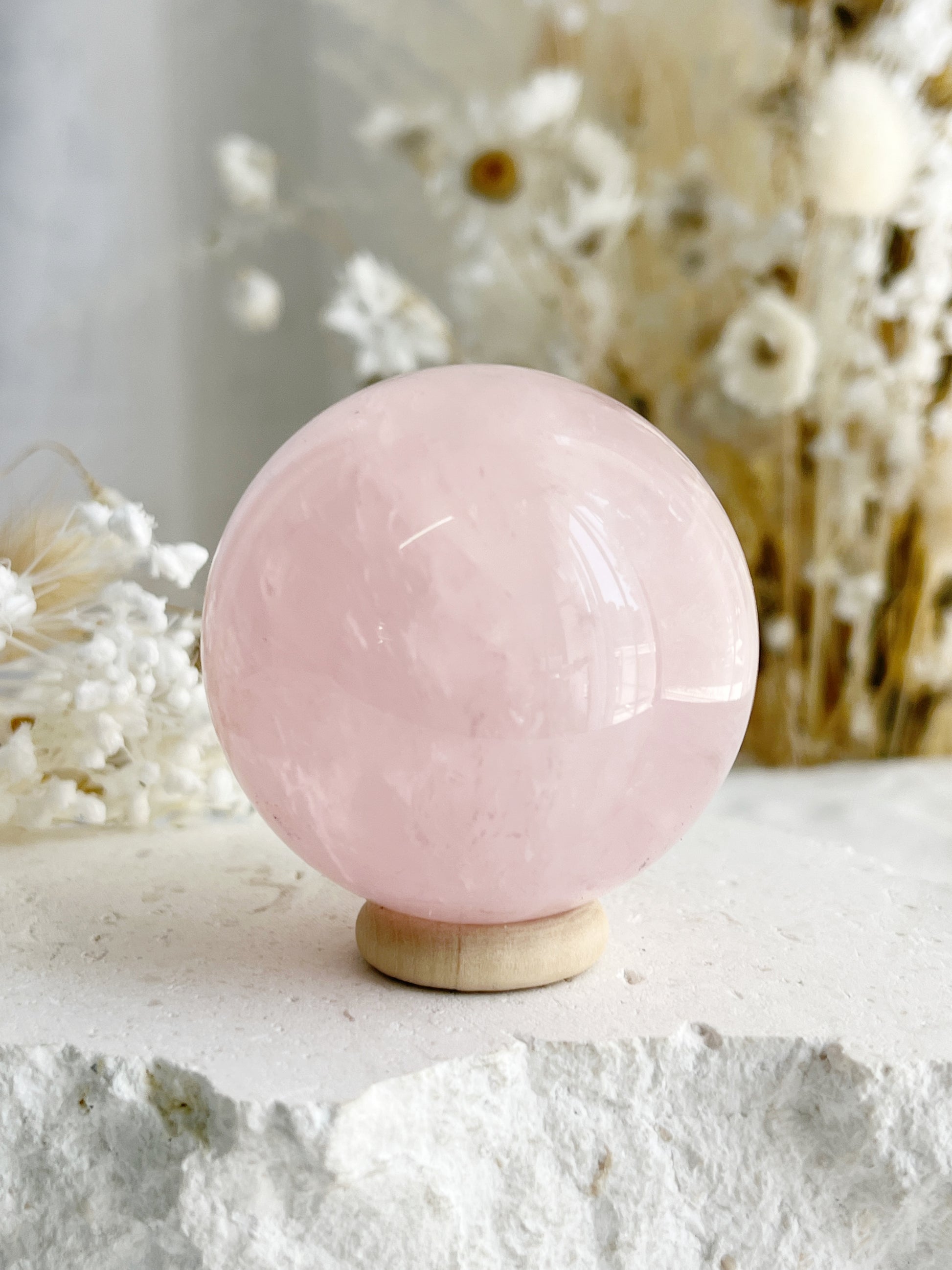 ROSE QUARTZ SPHERE APPROX 5.2CM. STONED AND SAGED AUSTRALIA.