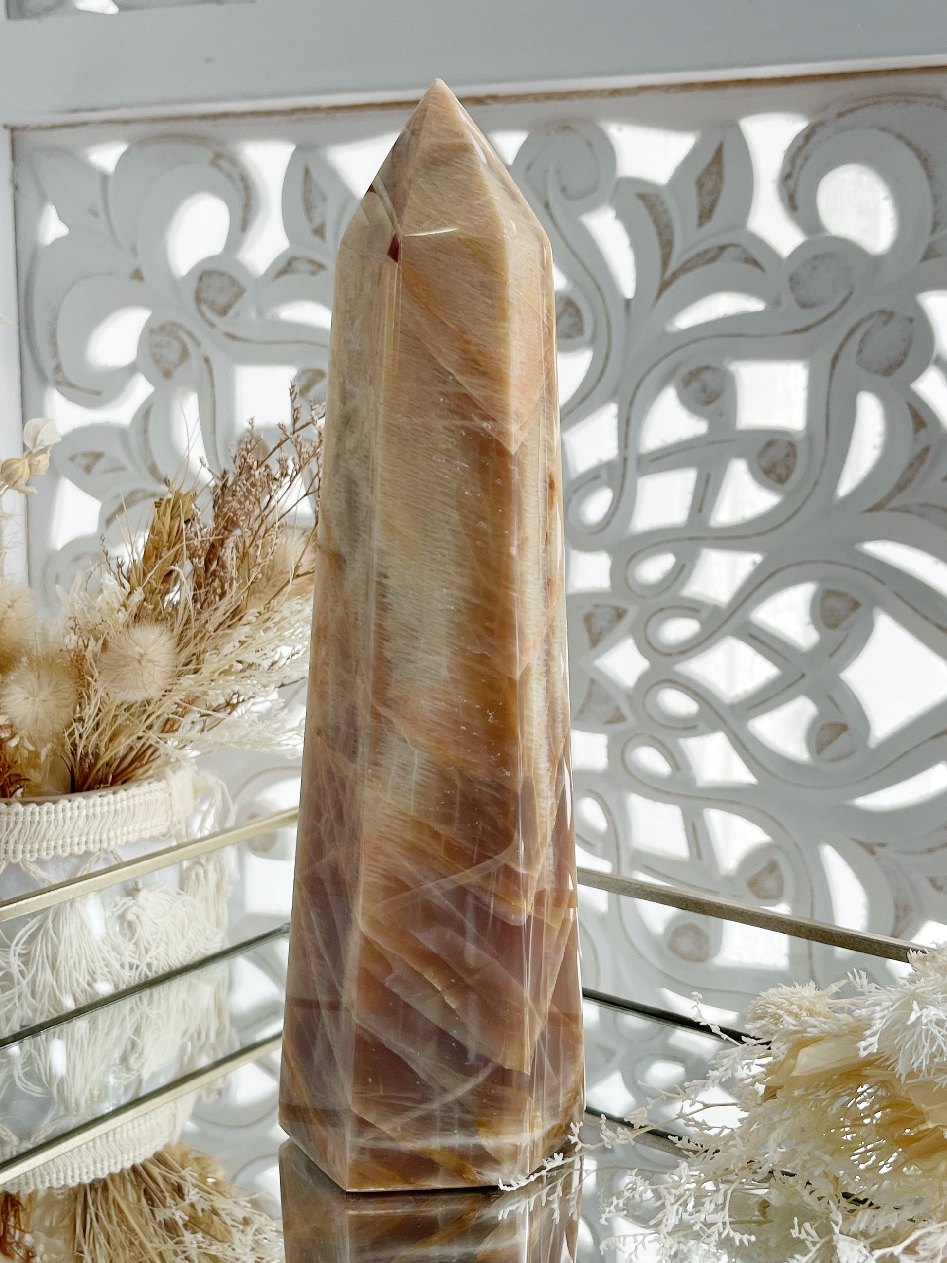 Peach Moonstone tower generator point Australia, Stoned and Saged crystal shop