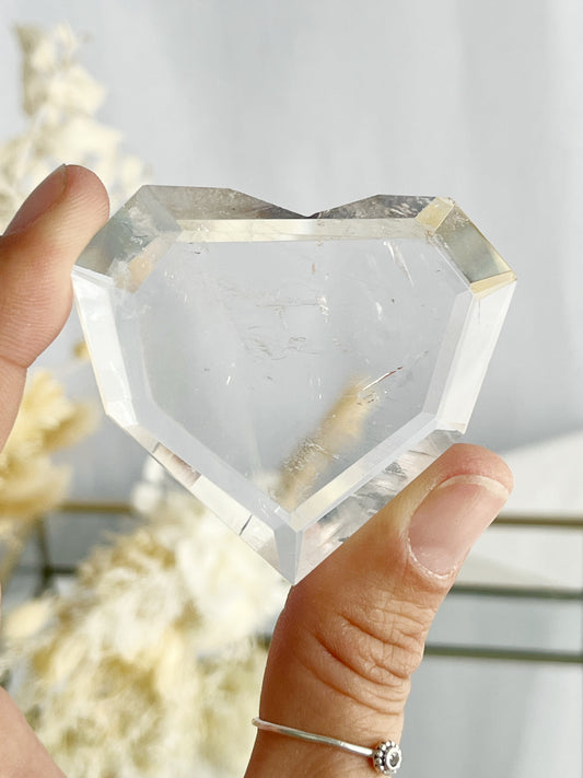 CLEAR QUARTZ FACETTED HEART, STONED AND SAGED AUSTRALIA