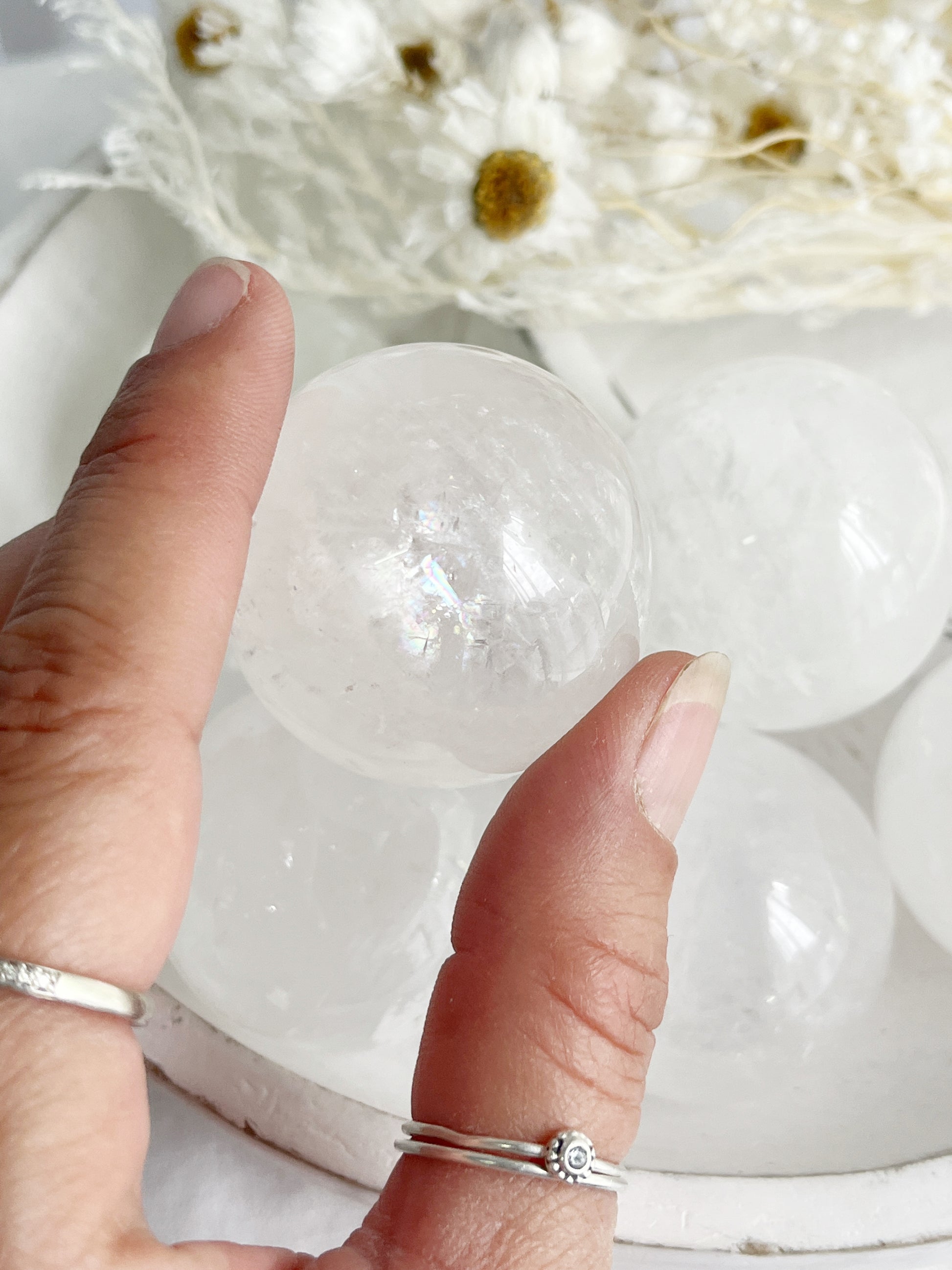 WHITE CALCITE SPHERE. STONED AND SAGED AUSTRALIA.