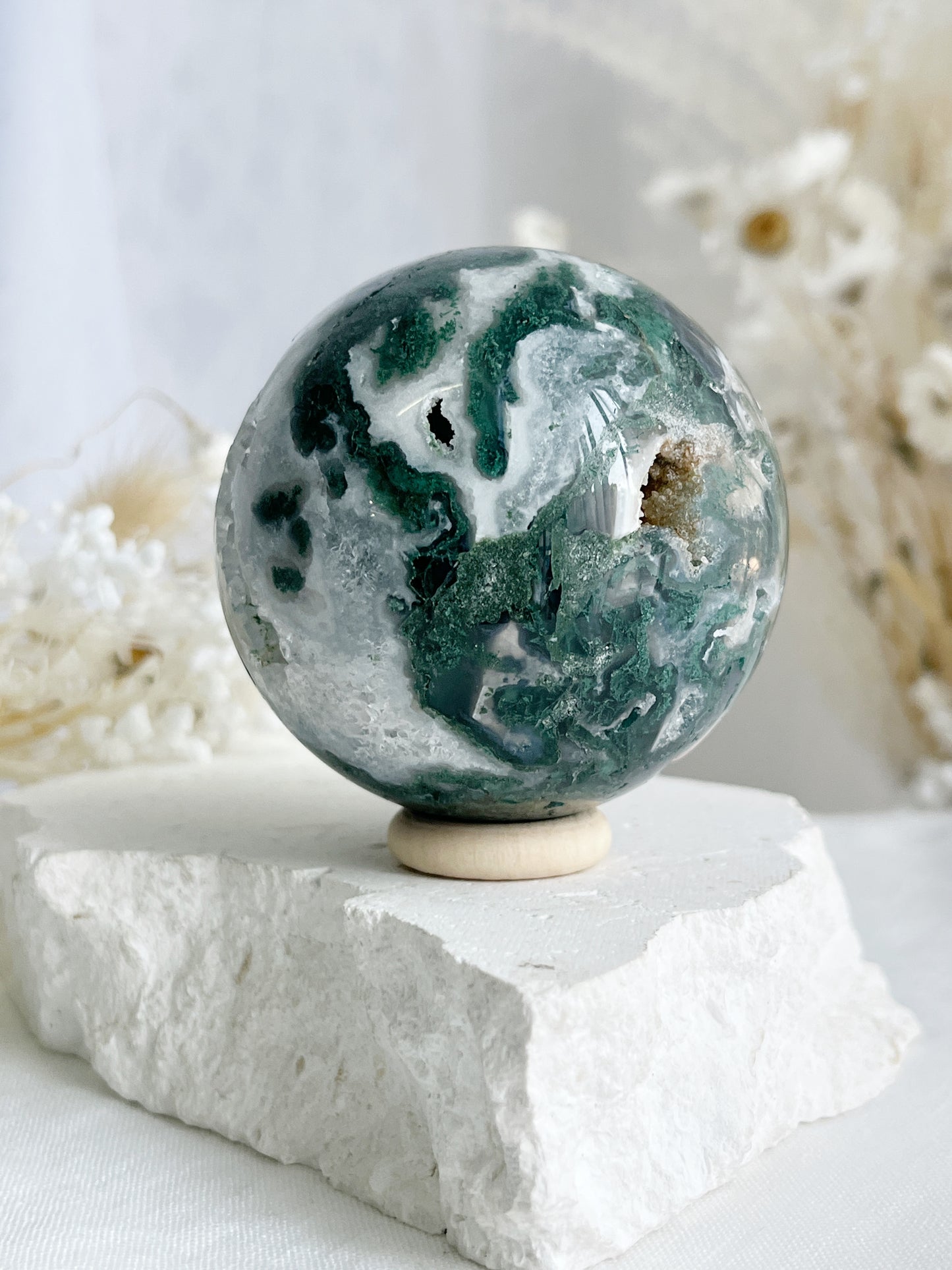 MOSS AGATE SPHERE APPROX 6CM. STONED AND SAGED AUSTRALIA.