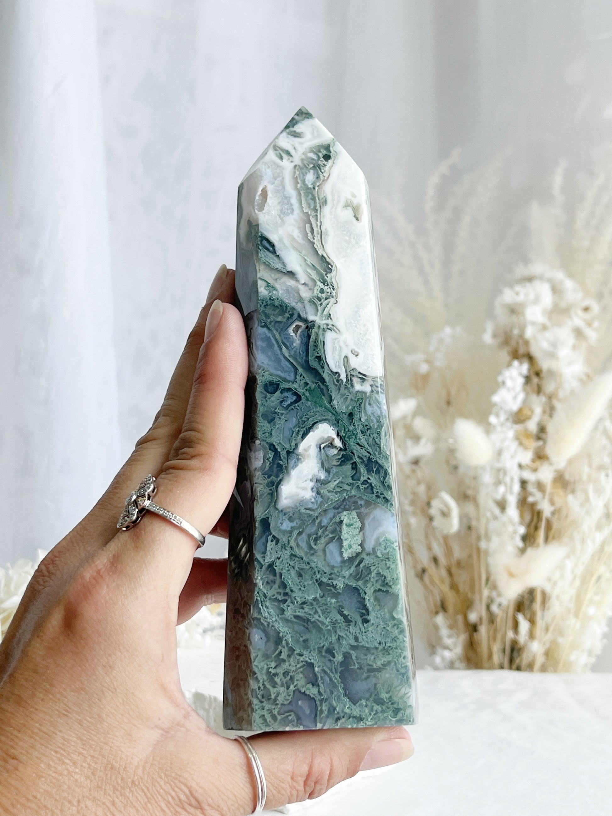 MOSS AGATE TOWER 18CM. STONED AND SAGED AUSTRALIA.