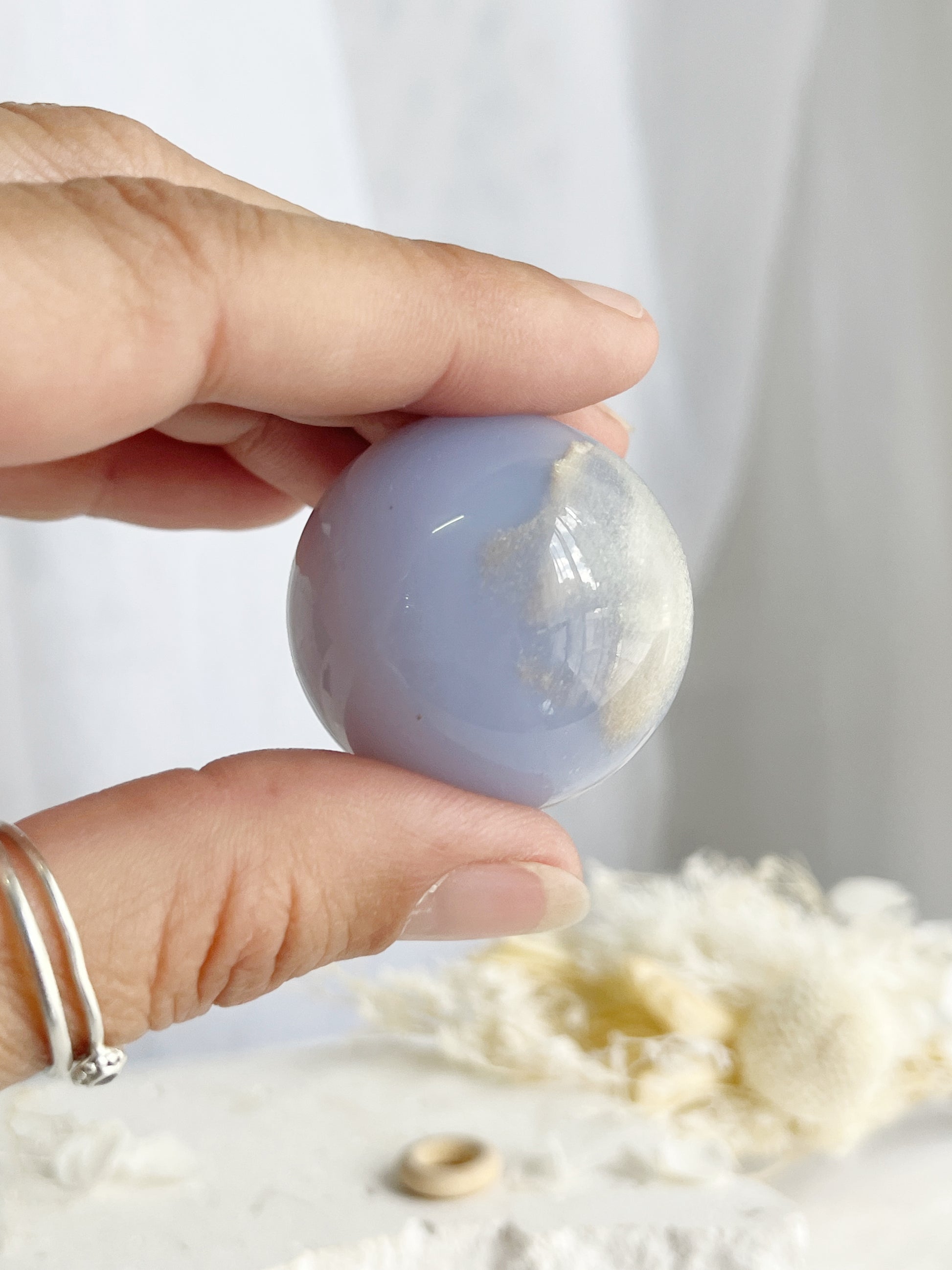 BLUE CHALCEDONY SPHERE, STONED AND SAGED AUSTRALIA