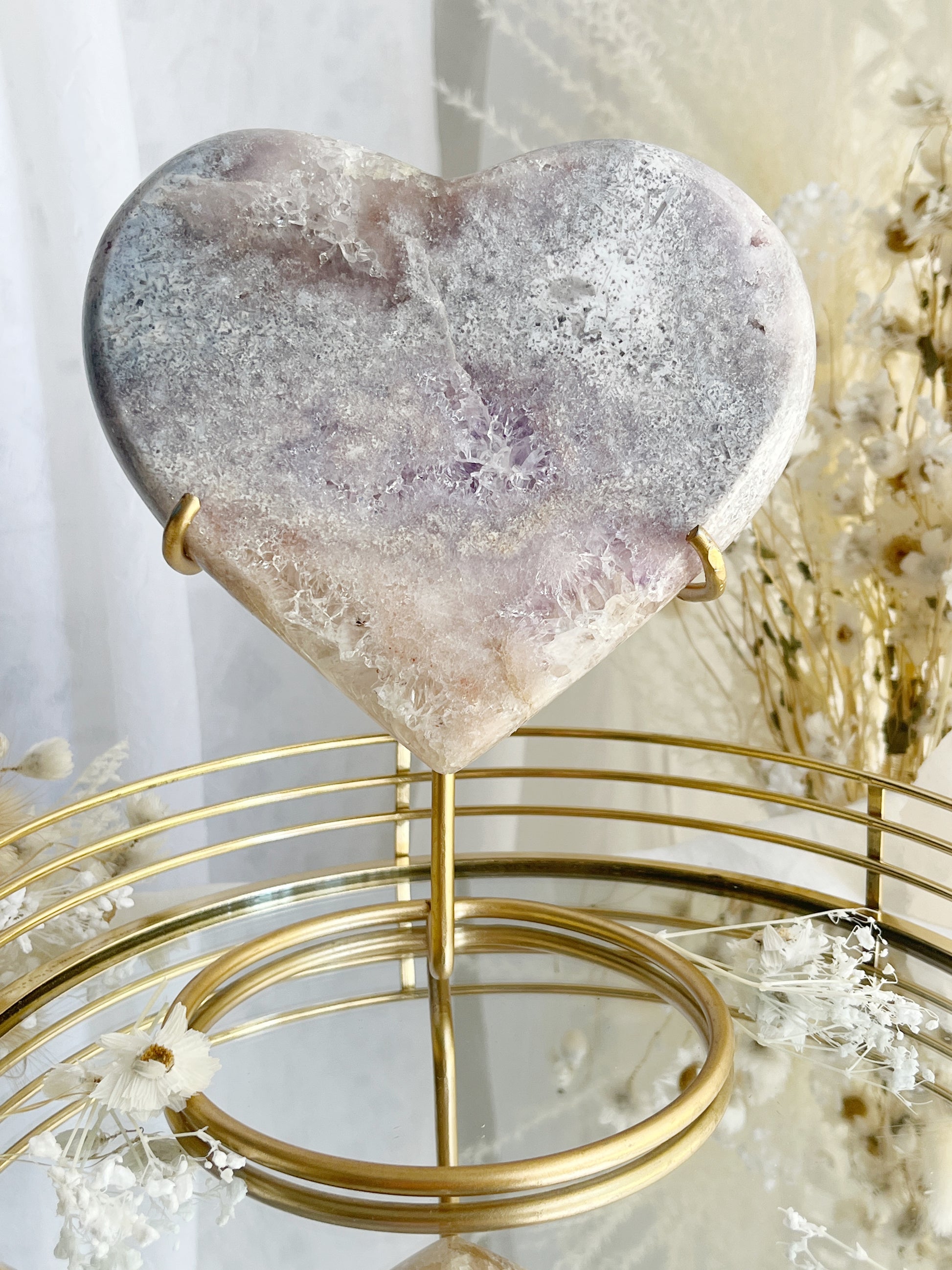 PINK AMETHYST HEART ON GOLD STAND. STONED AND SAGED AUSTRALIA.