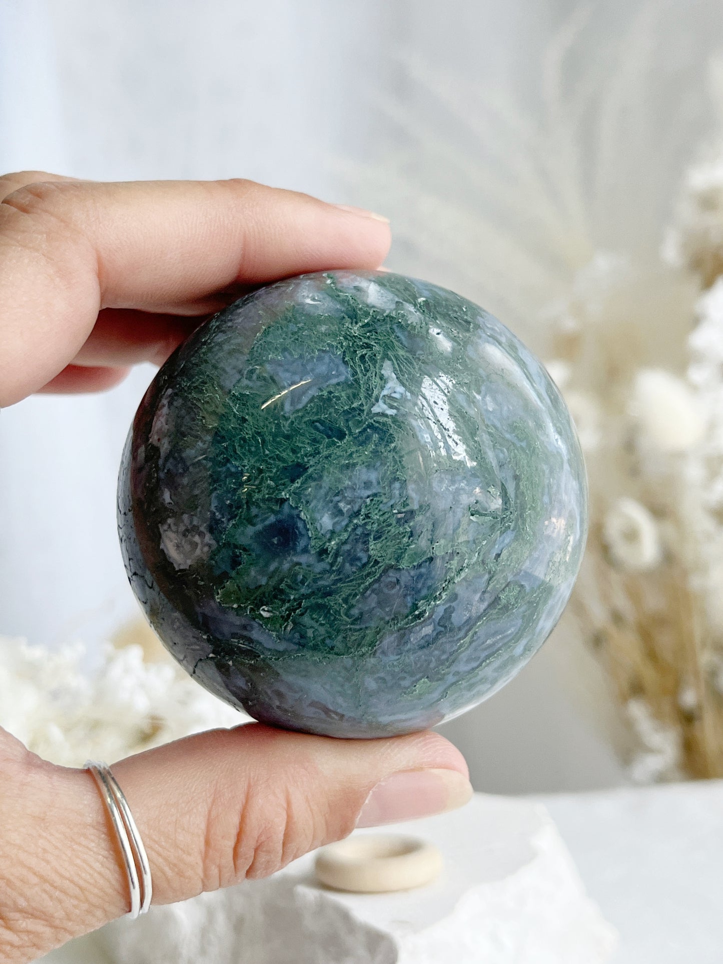 MOSS AGATE SPHERE APPROX 6.4CM. STONED AND SAGED AUSTRALIA.