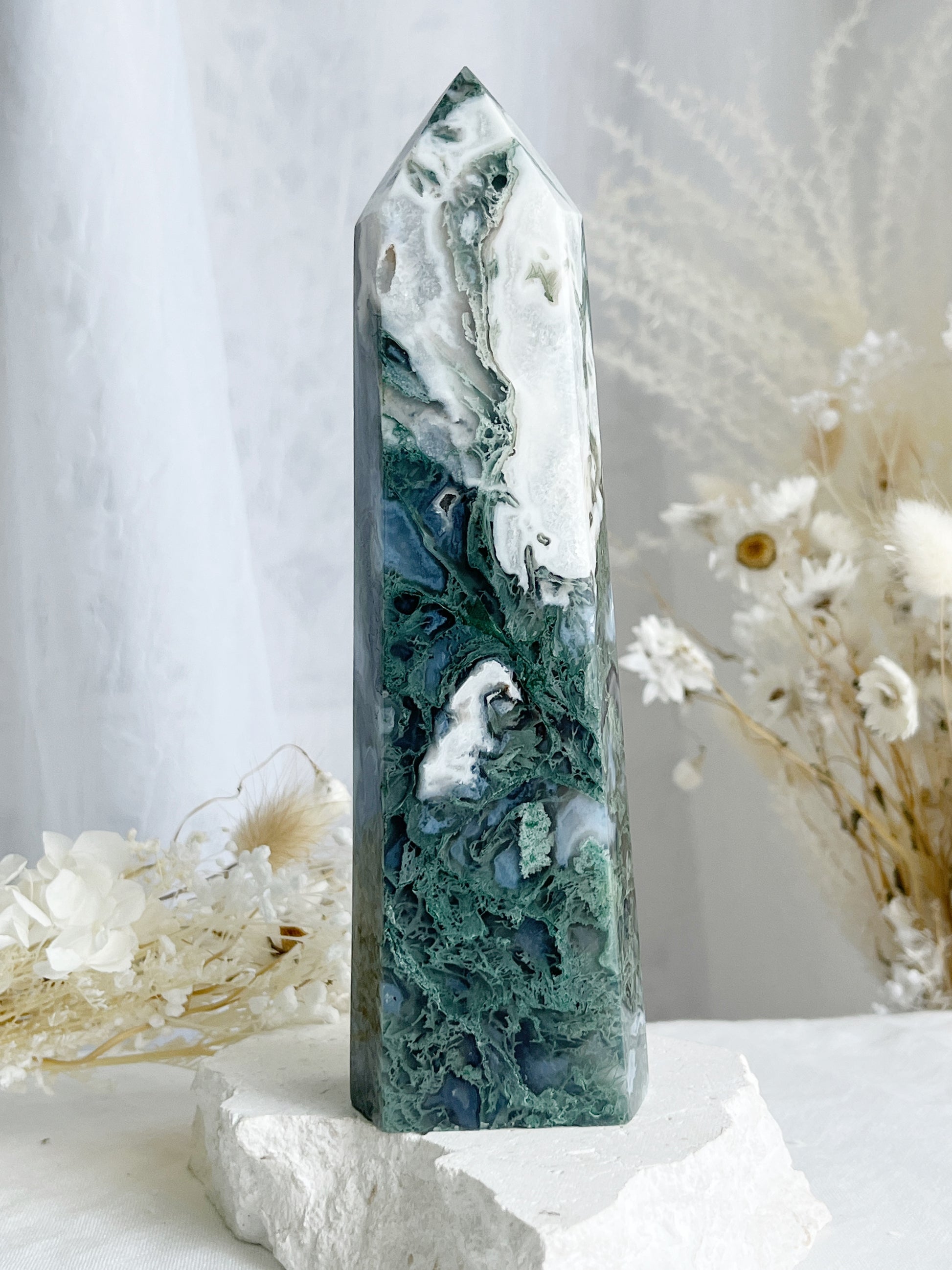 MOSS AGATE TOWER 18CM. STONED AND SAGED AUSTRALIA.