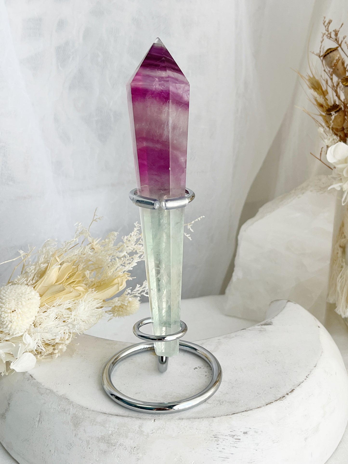 RAINBOW FLUORITE WAND IN SILVER STAND, STONED AND SAGED AUSTRALIA