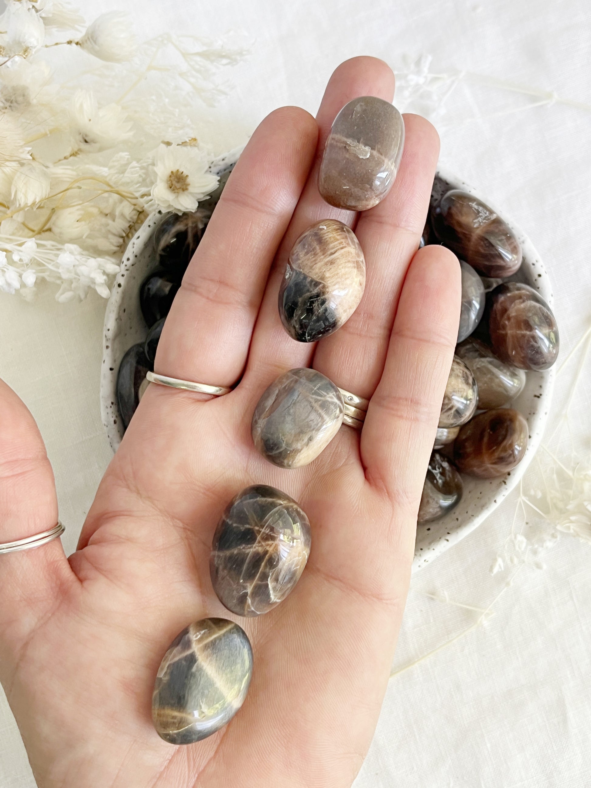 BLACK MOONSTONE TUMBLE. STONED AND SAGED AUSTRALIA.