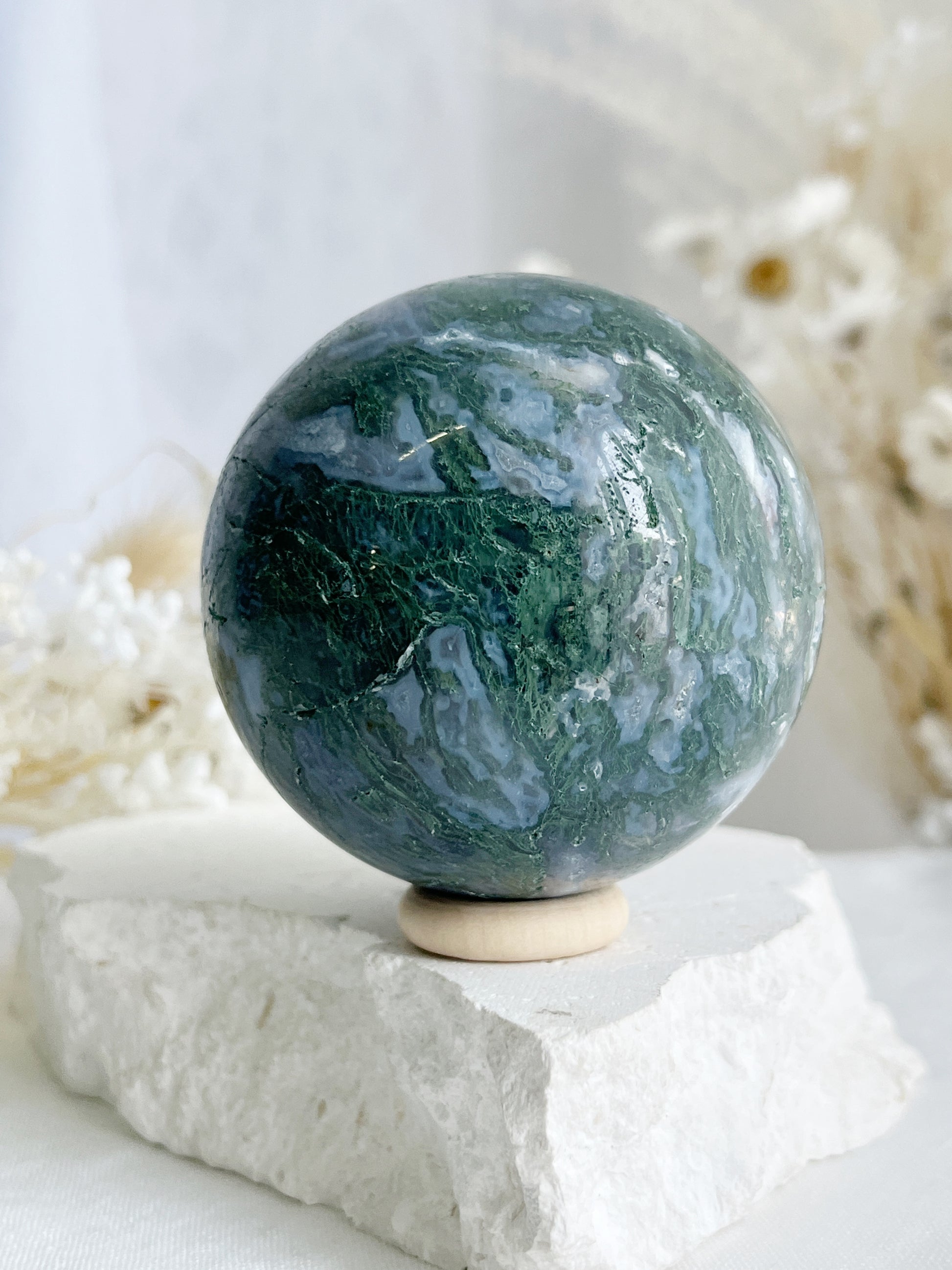 MOSS AGATE SPHERE APPROX 6.4CM. STONED AND SAGED AUSTRALIA.