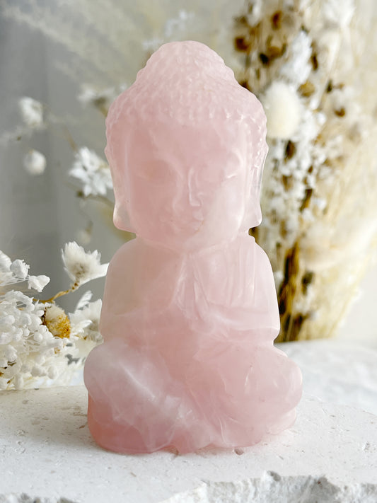 ROSE QUARTZ BUDDHA APPROX 10CM. STONE AND SAGED AUSTRALIA.