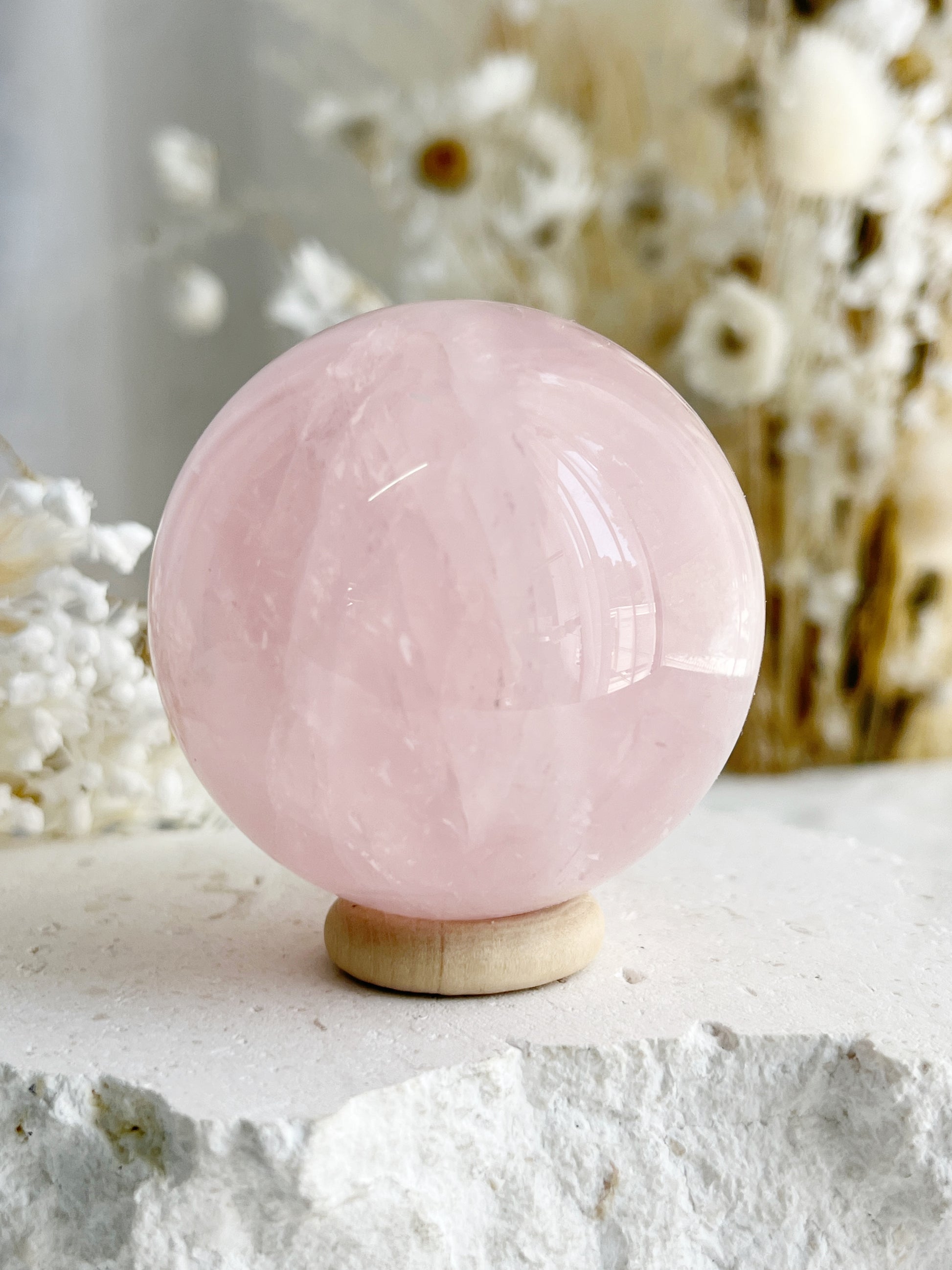 ROSE QUARTZ SPHERE APPROX 5.2CM. STONED AND SAGED AUSTRALIA.